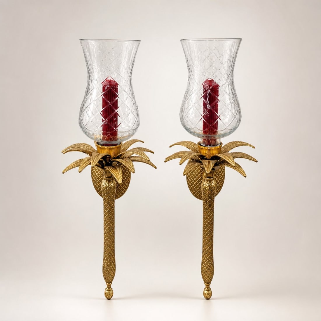 A Pair of Brass Pineapple and Palm Tree Wall Sconces with Cut Glass Hurricane Shades and Candles (1 of 4)