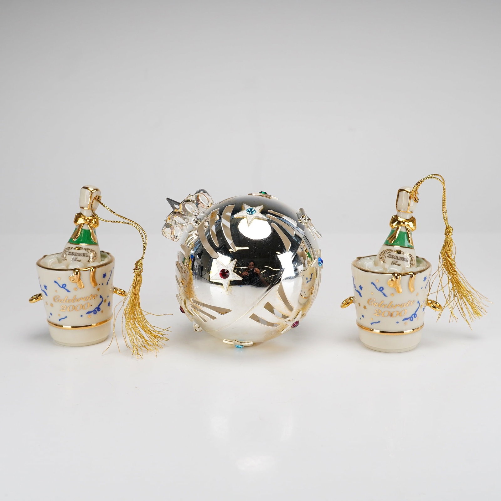 3pc Lenox Millenium 2000 Porcelain and Silver-Plated Ornaments, "Celebrate 2000" and "Silver (1 of 6)
