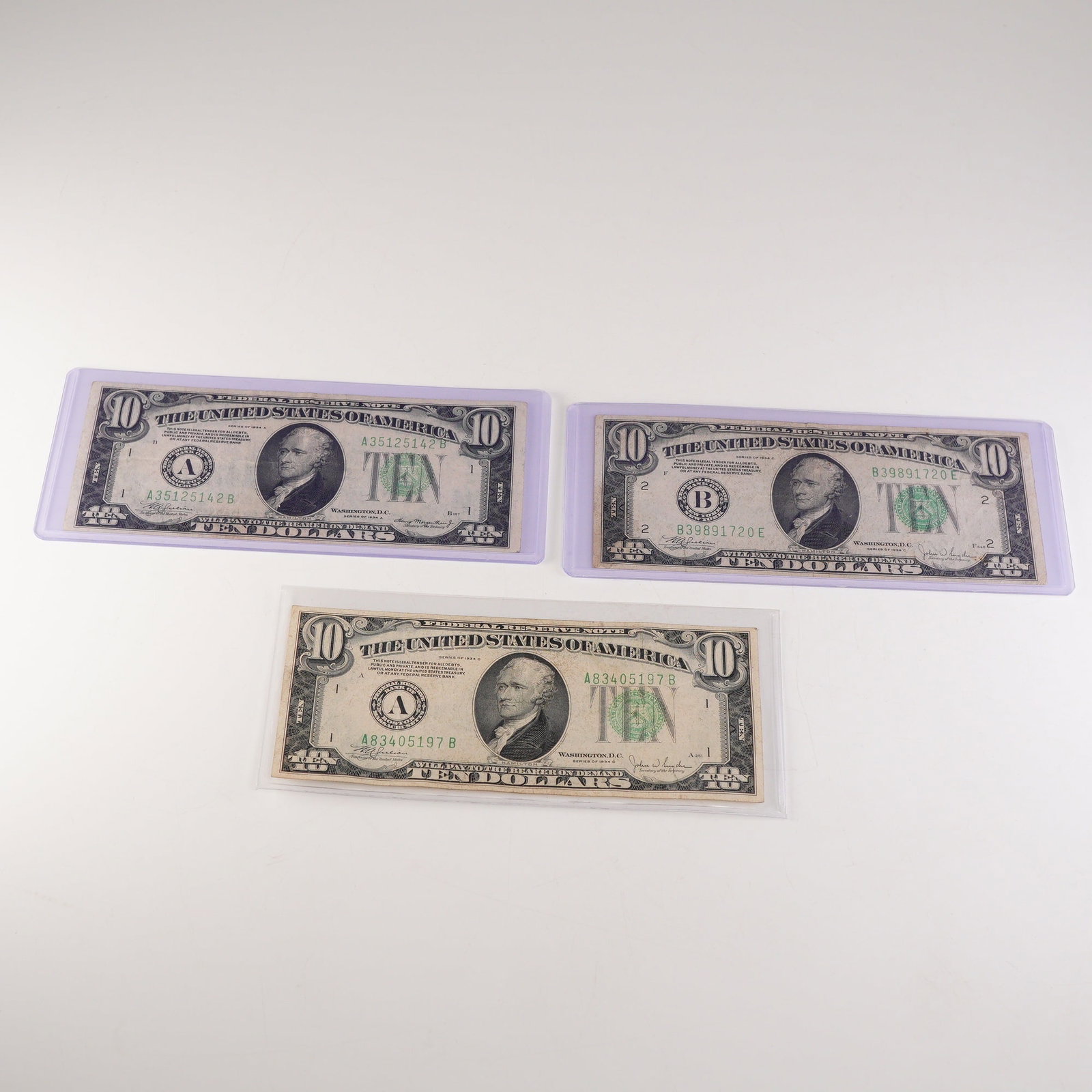 3pc 1934 A,C U.S. Federal Reserve Ten Dollar Notes (1 of 2)