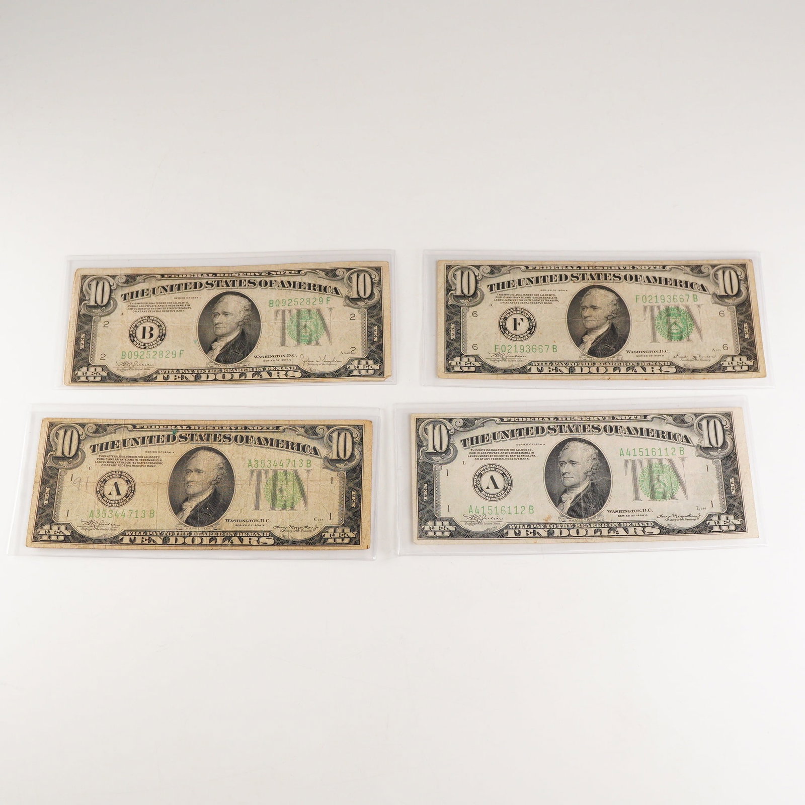 4pc 1934 A-C U.S. Federal Reserve Ten Dollar Notes (1 of 2)