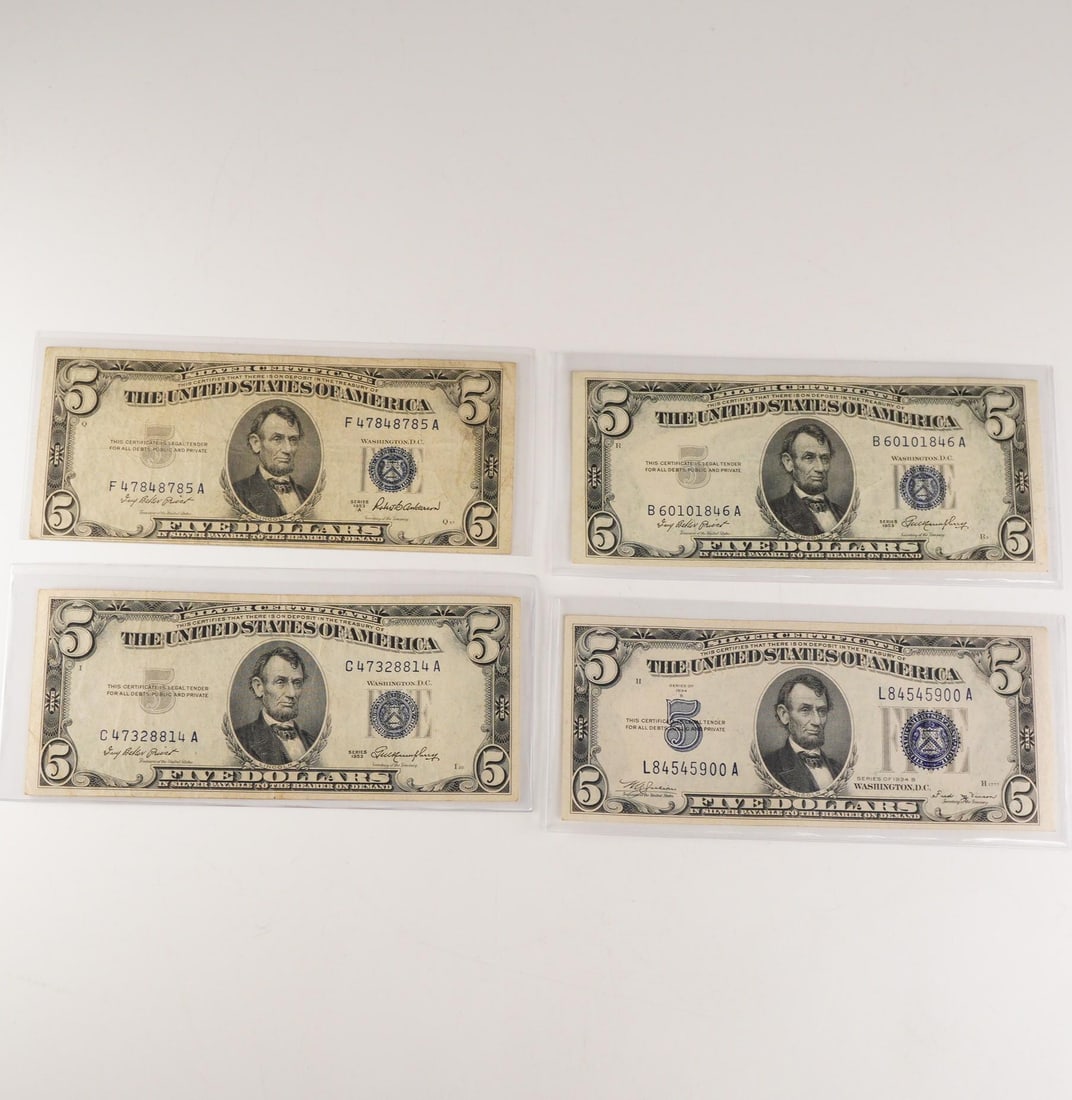4pc 1934B, 1953, and 1953A United States $5 Silver Certificates (1 of 2)