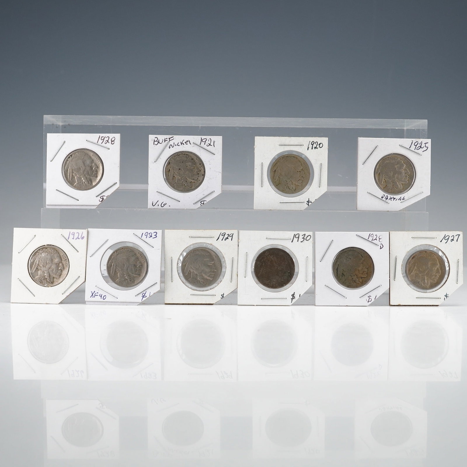 US Buffalo Nickels Lot of 10, 1920-1930: A collection of 10 United States Five Cent pieces, commonly known as the Buffalo Nickel, designed by James Earle Fraser. The design type is Indian Head / Bison reverse. This lot includes pieces dated 