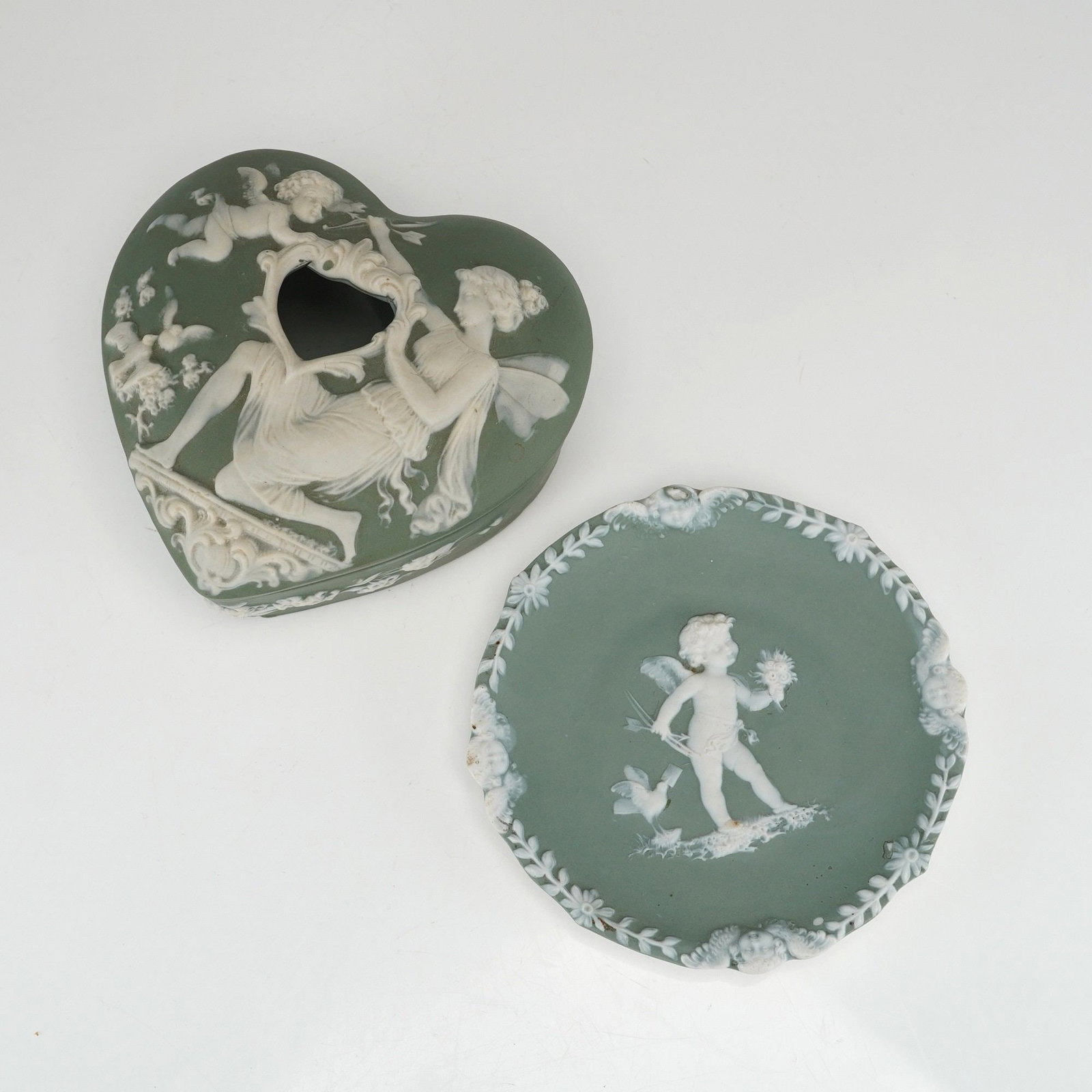Two Sage Green Jasperware Vanity Items, Heart-Shaped Covered Box and Dish (1 of 3)