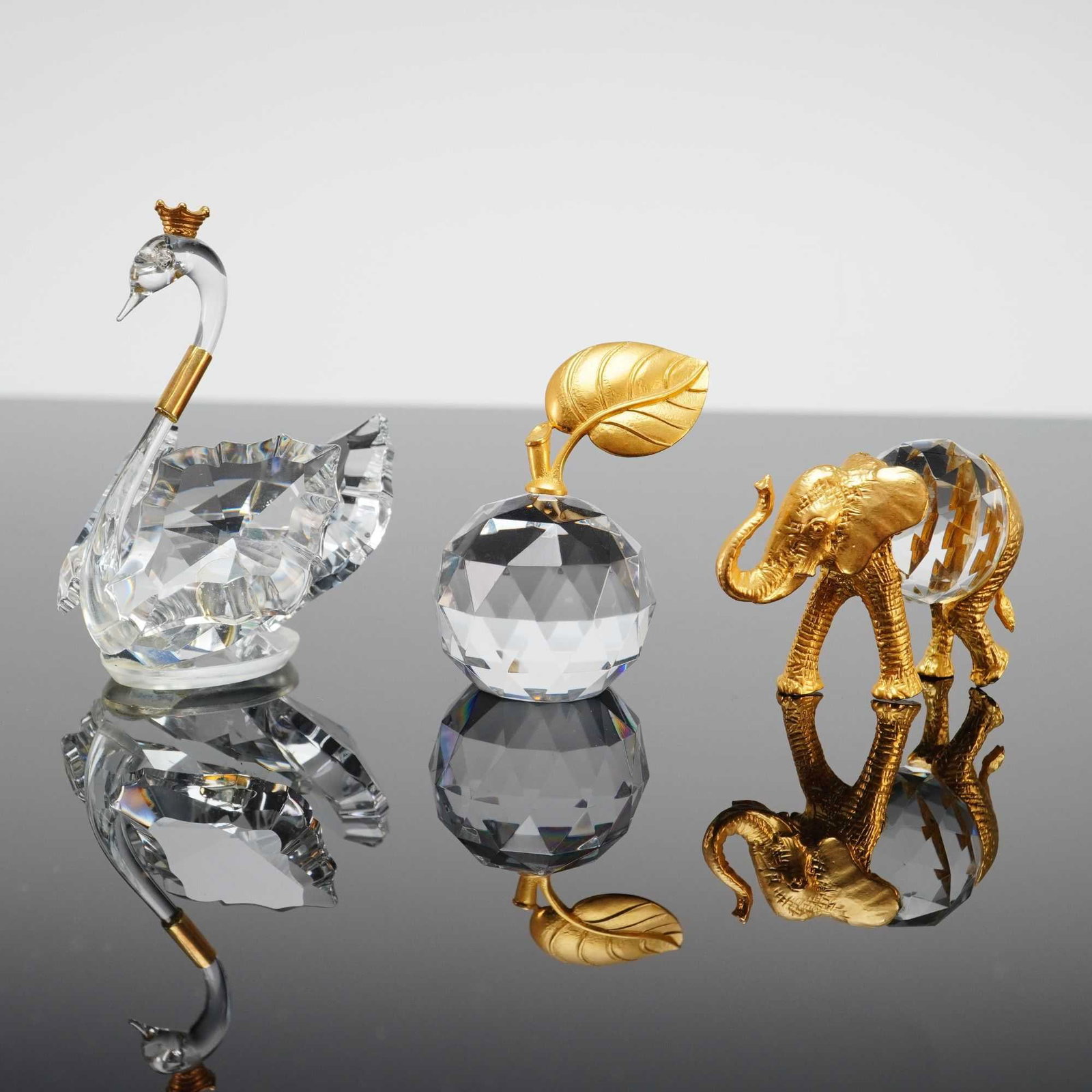 3pc Faceted Crystal and Gilt Metal Figurines, Apple, Elephant, and Swan Prince (1 of 3)