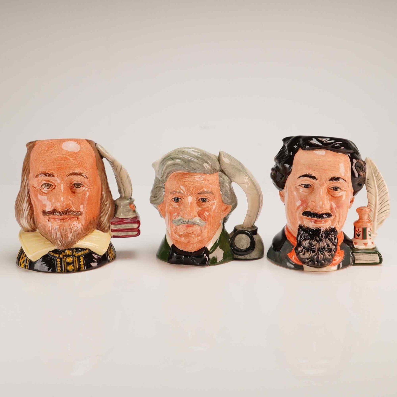 3pc Royal Doulton Small Character Jugs- William Shakespeare D6938, Mark Twain 6694, & Charles (1 of 4)