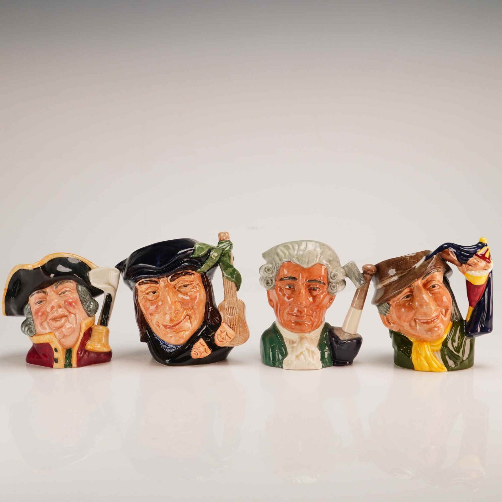 4pc Royal Doulton Small Character Jugs- Apothecary D6574, Town Crier 6537, Punch 6593 & Scaramouche (1 of 4)