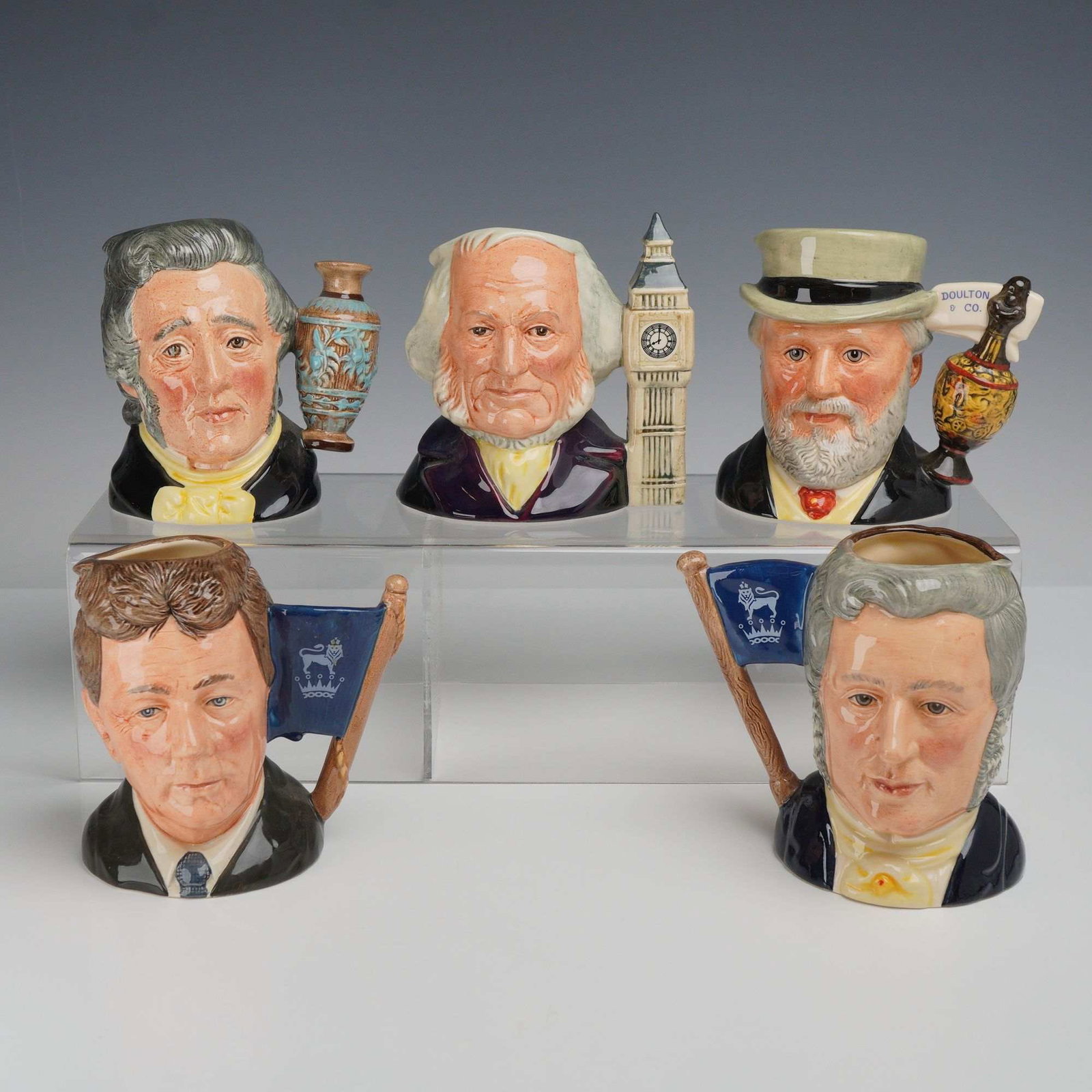 5pc Royal Doulton Character Jugs Including Signed Michael Doulton and Sir Henry Doulton (1 of 3)