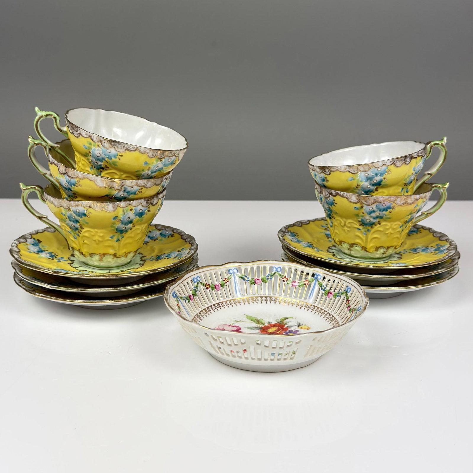 12pc Japanese Yellow and Blue Floral Pattern Teacups, Saucers, and a Reticulated Dish (1 of 4)