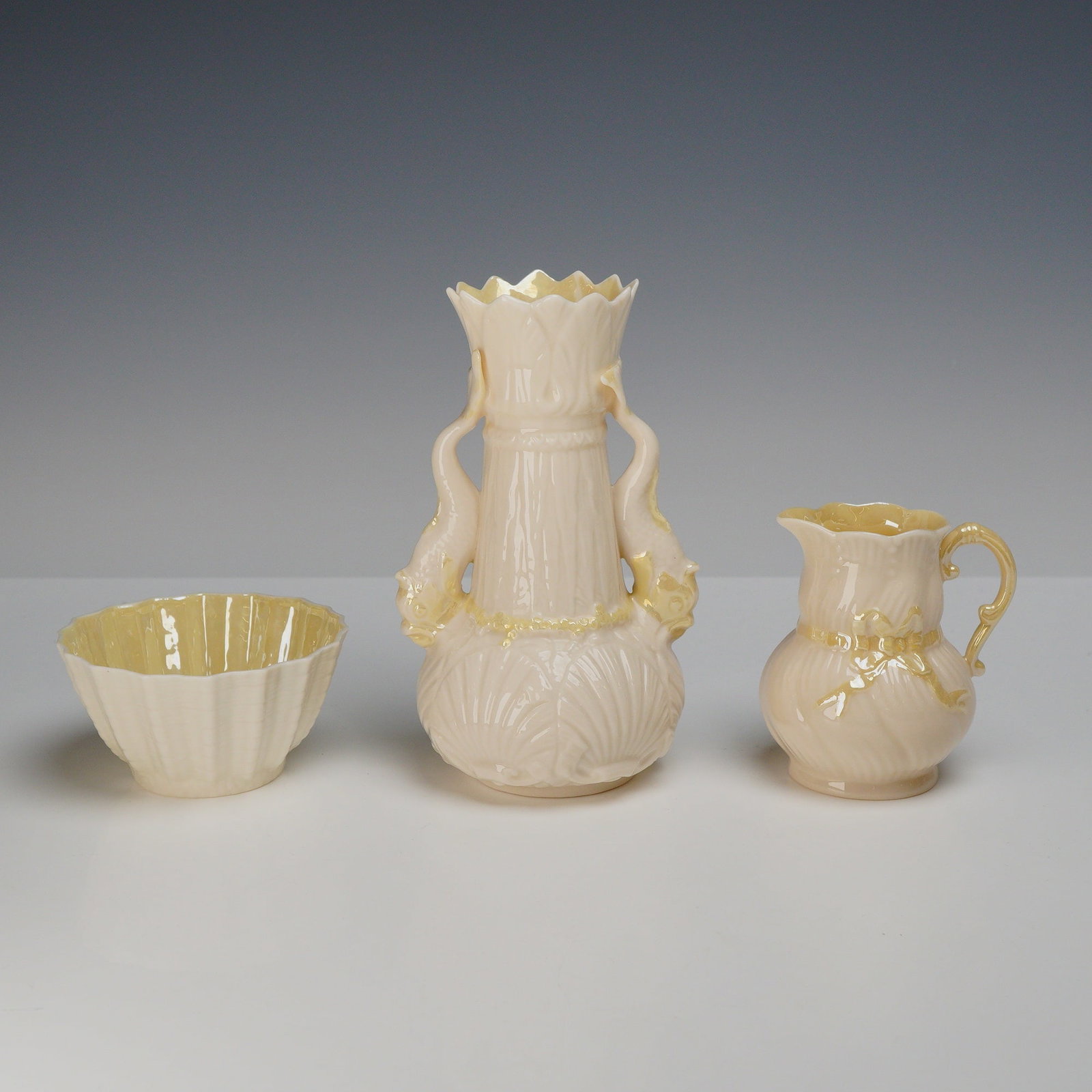 Belleek Dolphin and Ribbon Pattern Iridescent Parian Porcelain Three-Piece Collection (1 of 3)