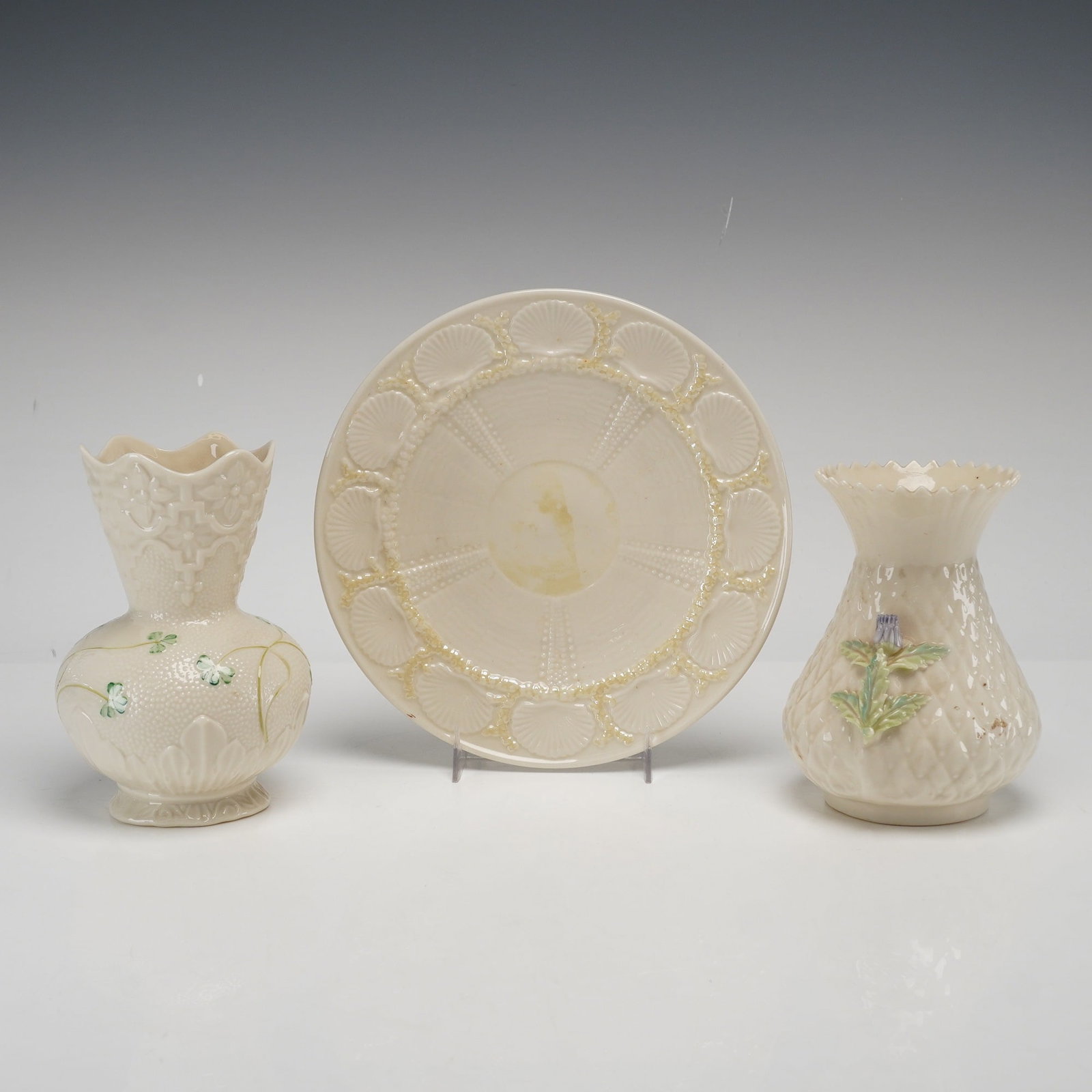 Three Belleek Parian Porcelain Shamrock and Thistle Vases and a Shell Pattern Plate (1 of 5)