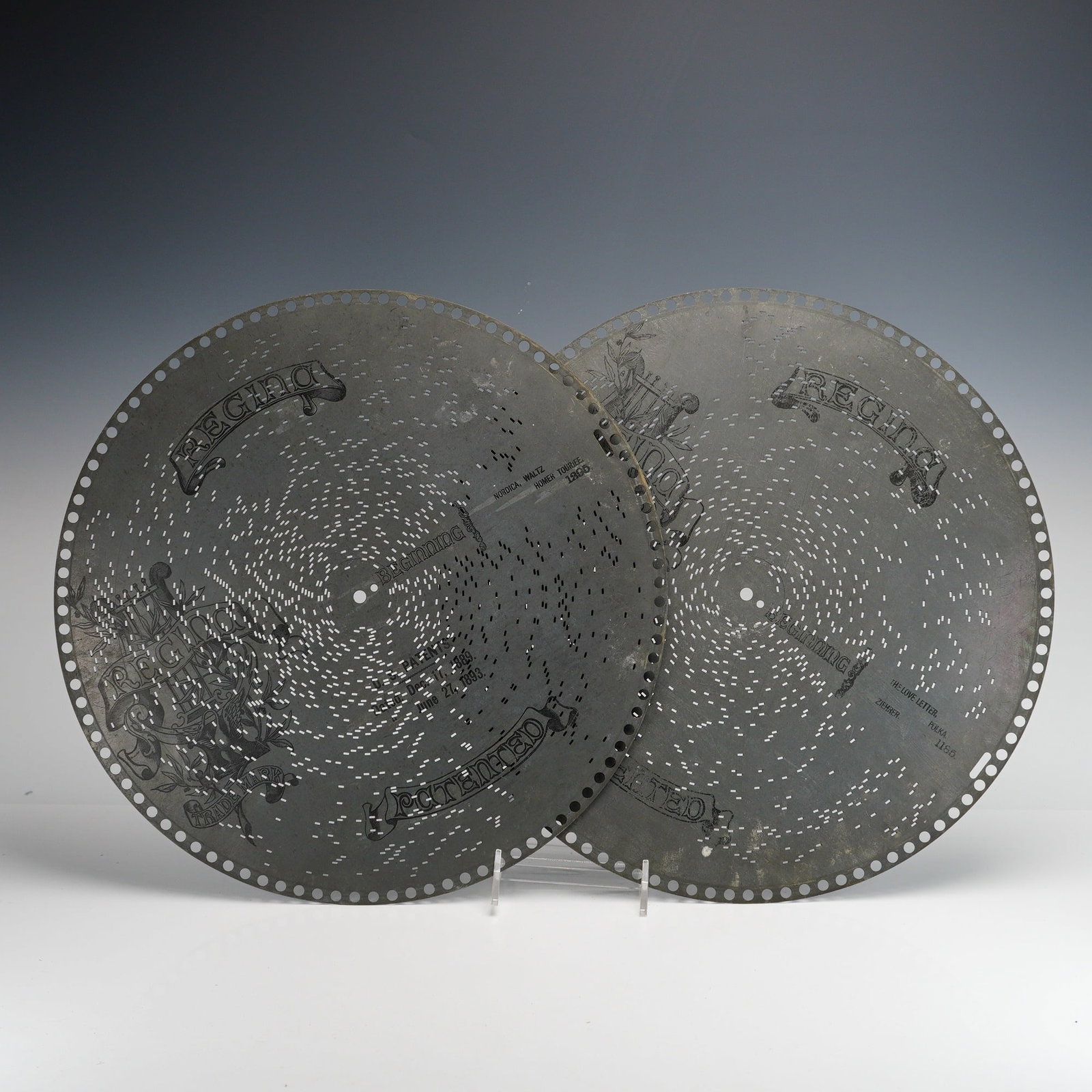 Regina 15.5 Inch Music Box Discs, The Love Letter 1185 and Nordica Waltz 1295, Pair, Circa 1895 (1 of 2)