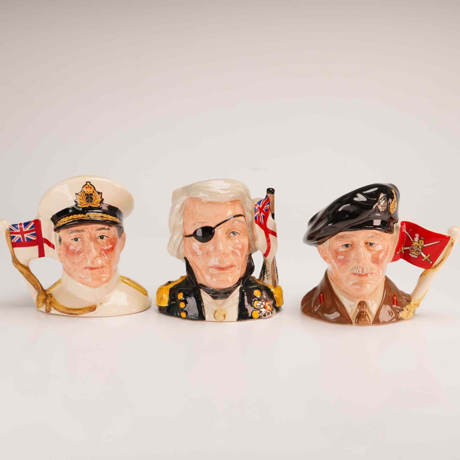 3pc Royal Doulton Small Military Character Jugs- Nelson D6963, Montgomery D6850 & Mountbatten D6851 (1 of 4)