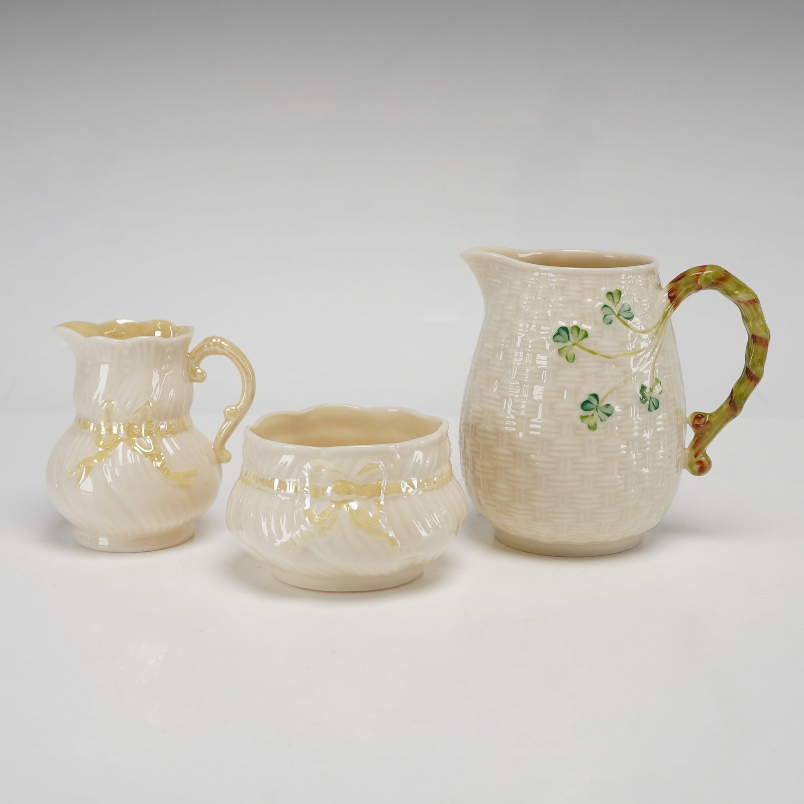 Three Piece Belleek Parian Porcelain Tableware in Shamrock and Ribbon Patterns (1 of 3)