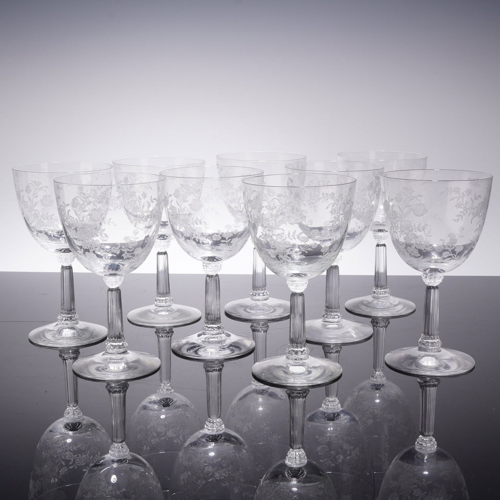 Set of Nine Fostoria Crystal Water Goblets, Chintz Pattern (1 of 3)