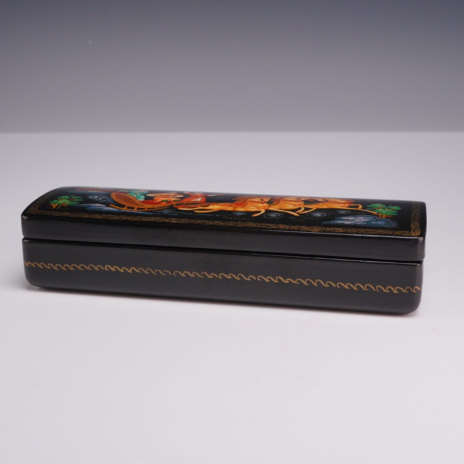 Signed Russian Kholuy Lacquer Papier-Mache Box with Hand-Painted Troika Scene (1 of 4)