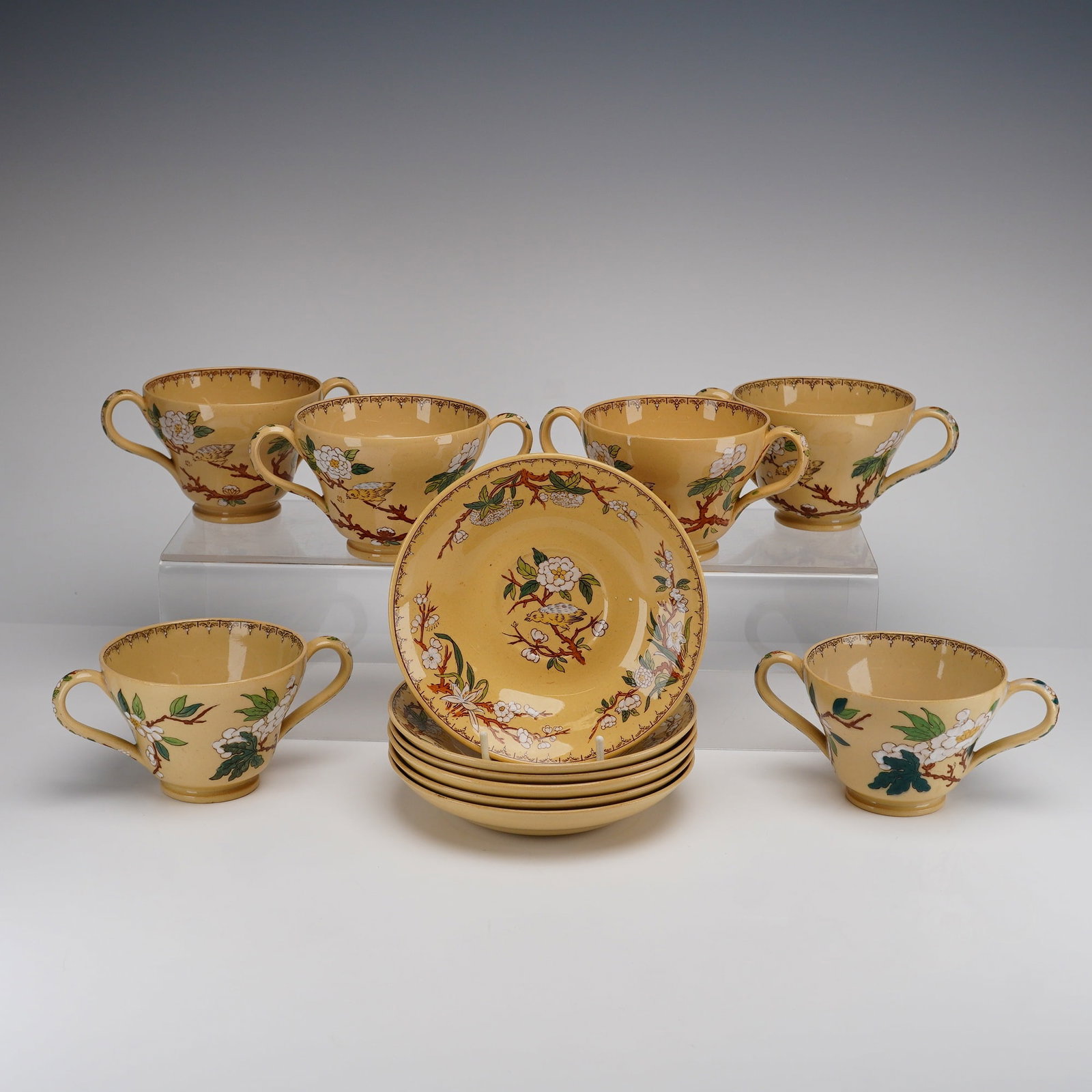 Set of Twelve Wedgwood Etruria Bouillon Cups and Saucers in the Cuckoo Pattern (1 of 4)