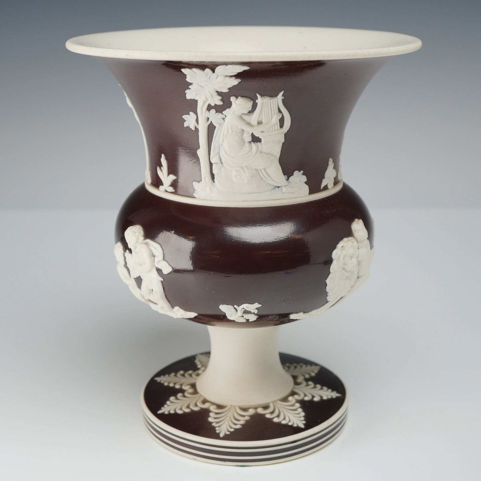 19th Century English Dark Brown Slip Glazed Jasperware Footed Urn Vase (1 of 3)
