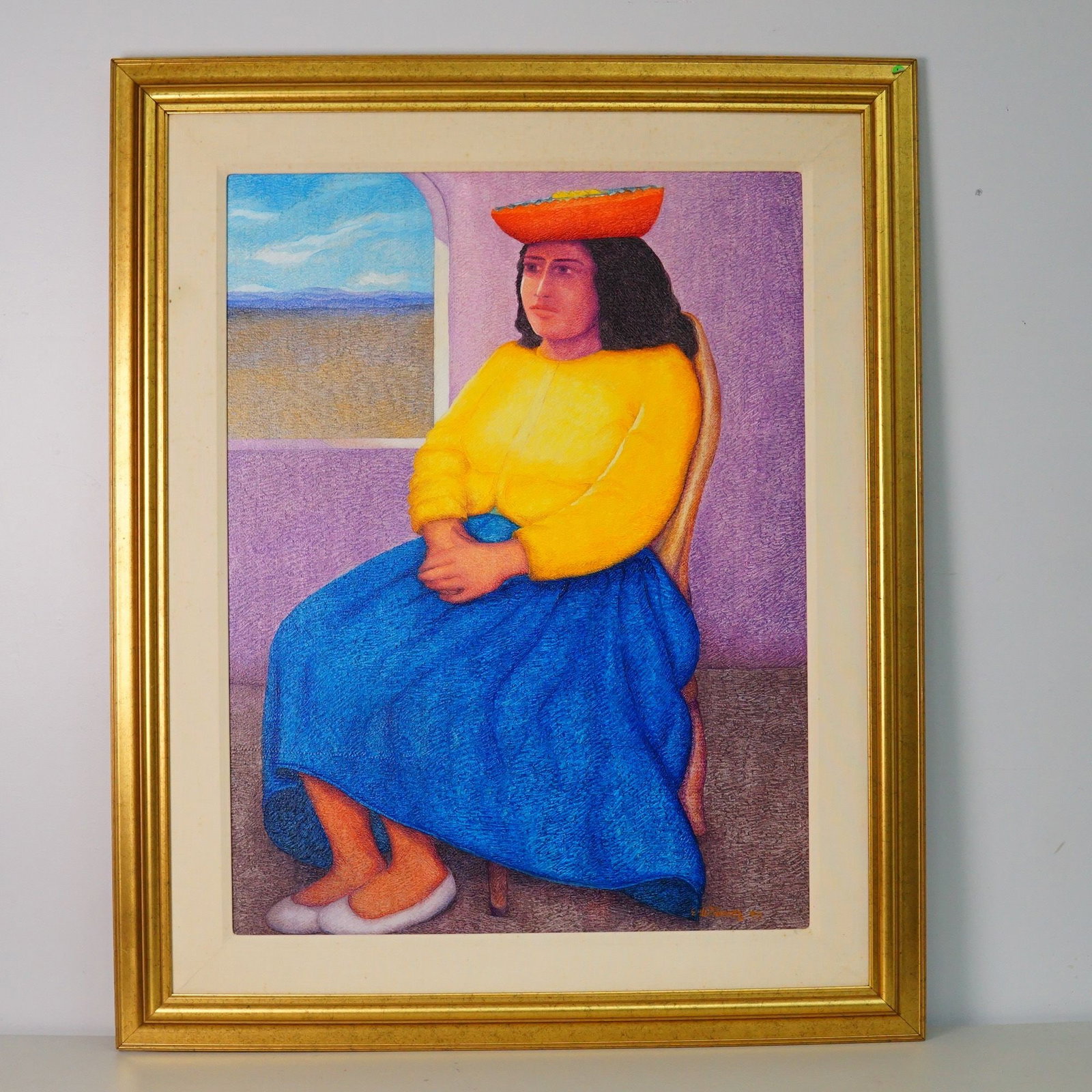 Ernesto Gutierrez (Peruvian, b. 1941), Oil on Jute, Andean Woman Sitting: A compelling oil painting by Peruvian artist Ernesto Gutierrez, Andean Woman Sitting reflects the artist's enduring focus on the people, culture, and landscapes of the Andean region. The composition p