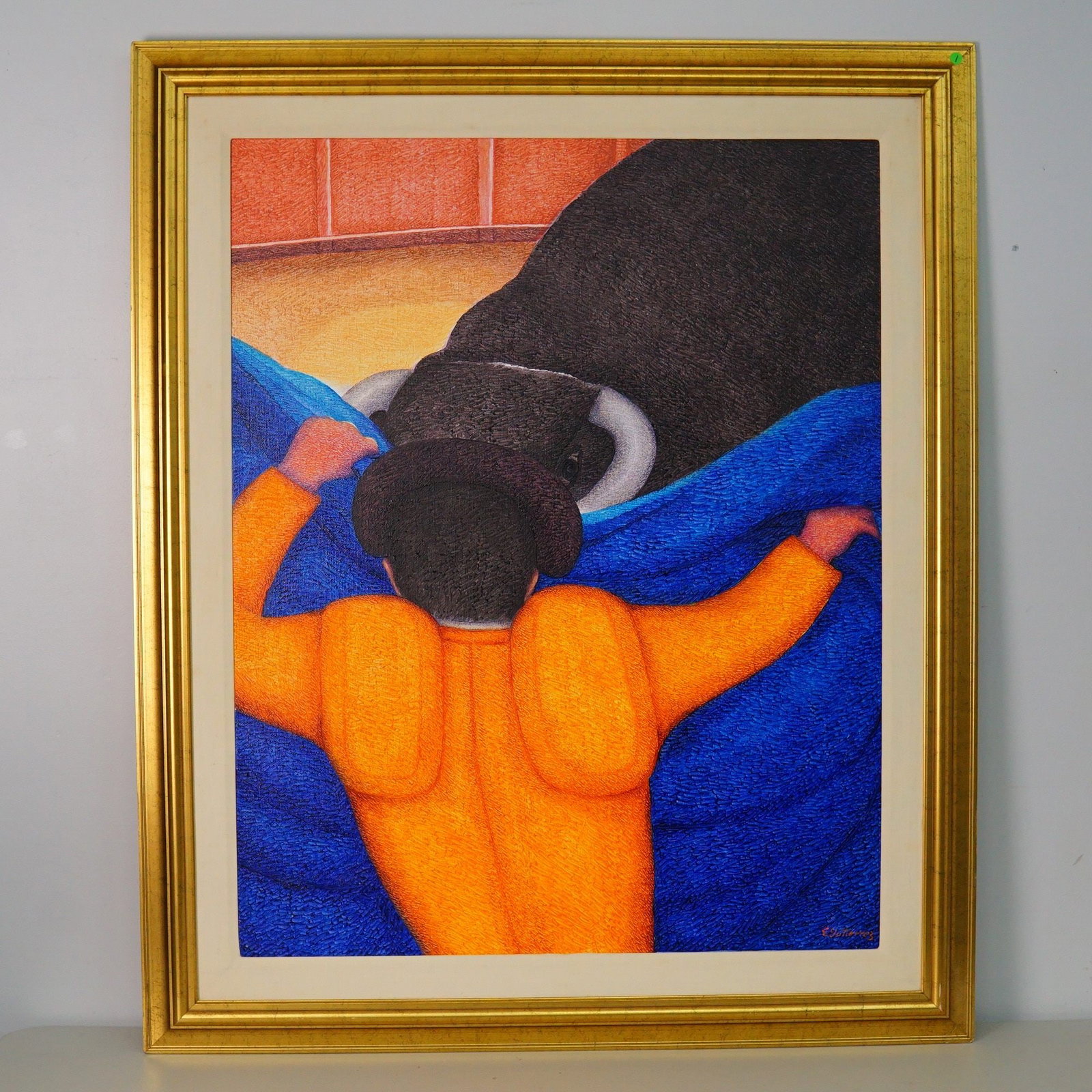 Ernesto Gutierrez (Peruvian, b. 1941), Oil on Jute, El Torero: A compelling oil painting by Peruvian artist Ernesto Gutierrez, El Torero captures the drama, tradition, and intensity of the Spanish bullfighting arena. The composition centers on the matador, portra