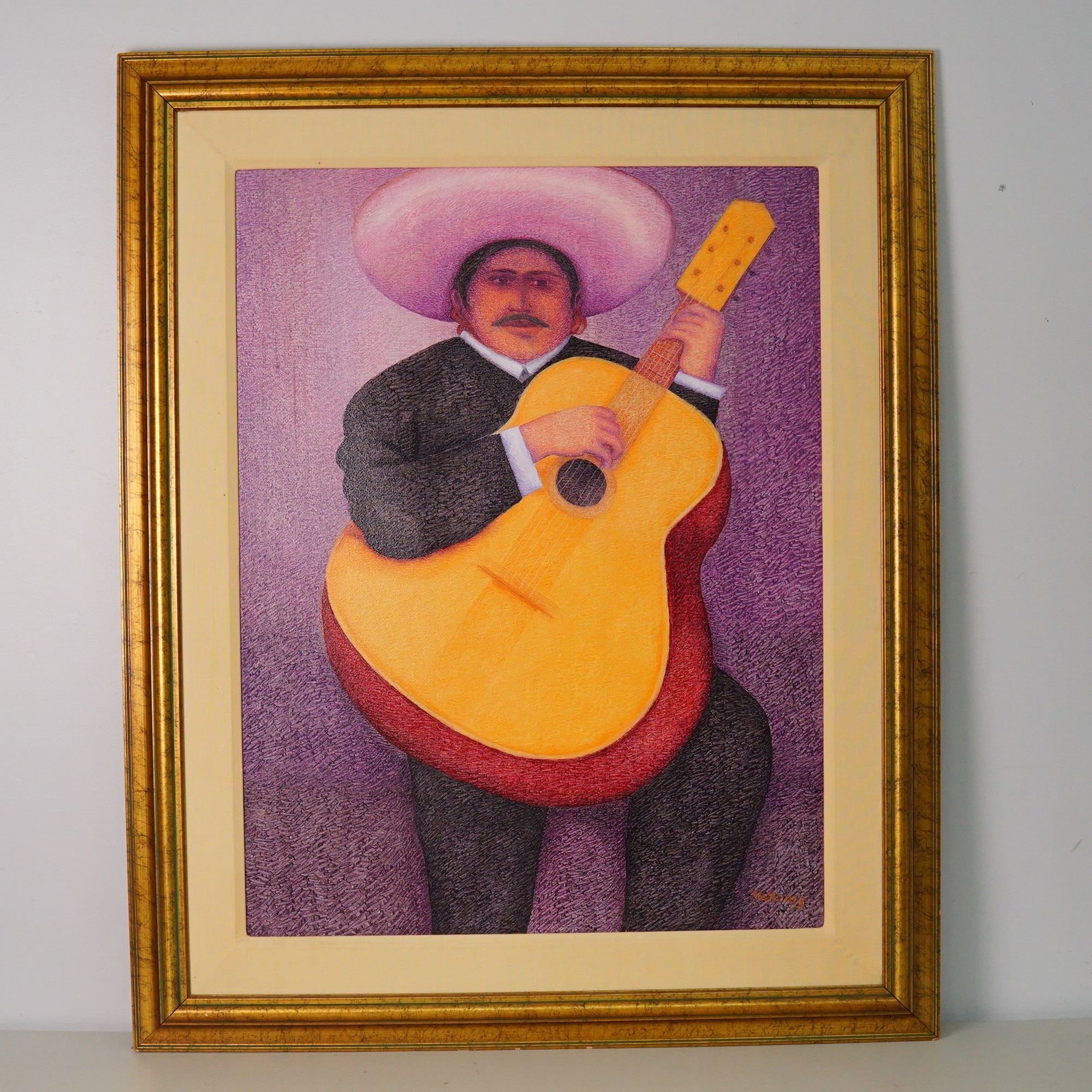 Ernesto Gutierrez (Peruvian, b. 1941), Oil on Jute, Mariachi: A vibrant oil painting by Peruvian artist Ernesto Gutierrez, titled Mariachi, capturing the energy and cultural spirit of traditional Mexican musical performance. The composition presents a dynamic fi