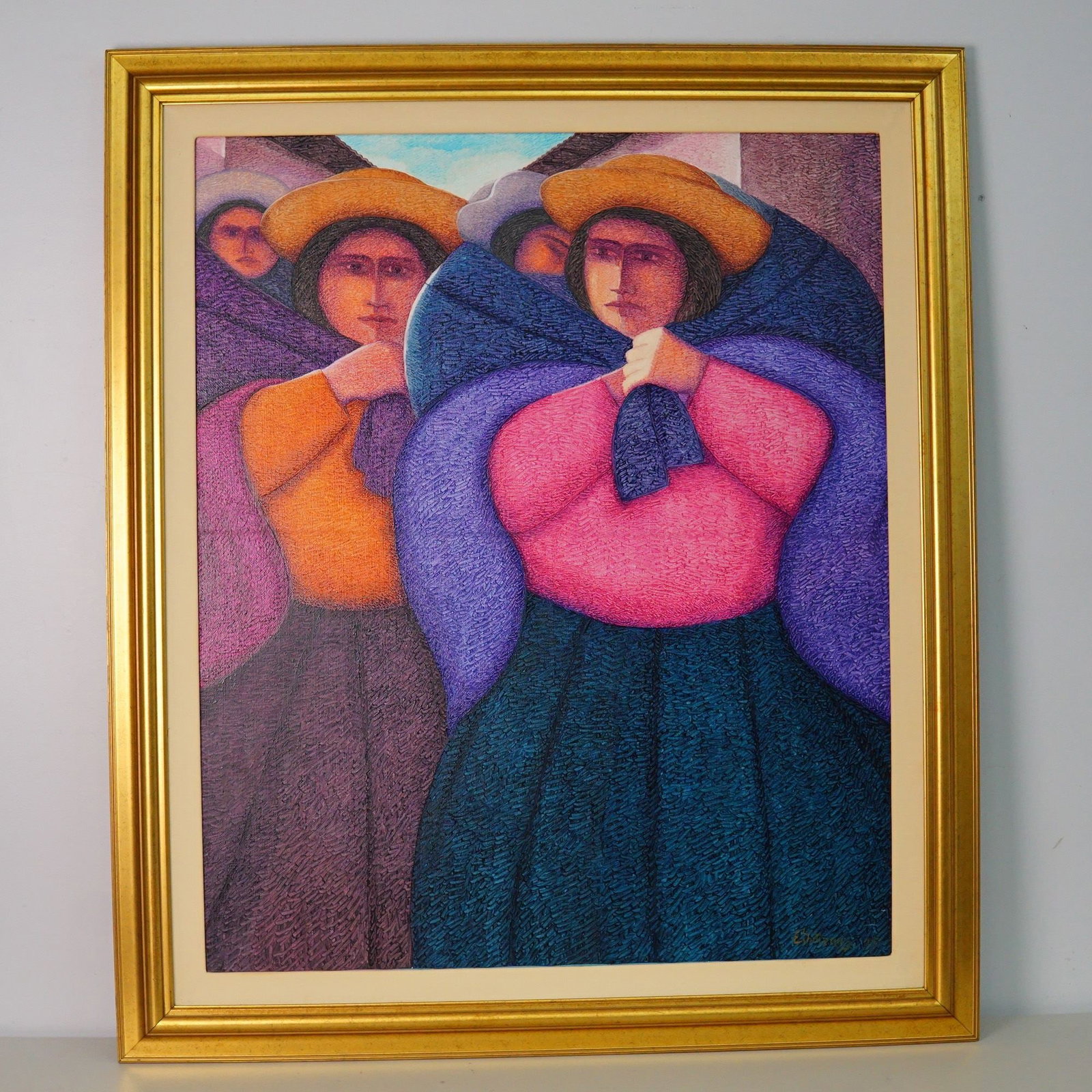 Ernesto Gutierrez (Peruvian, b. 1941), Oil on Jute, Traditional Andean Women: This vibrant composition masterfully showcases Gutierrez's distinctive blend of modern cubist form and rich Incan heritage. A trio of traditional Peruvian figures adorned in iconic wide-brimmed hats a