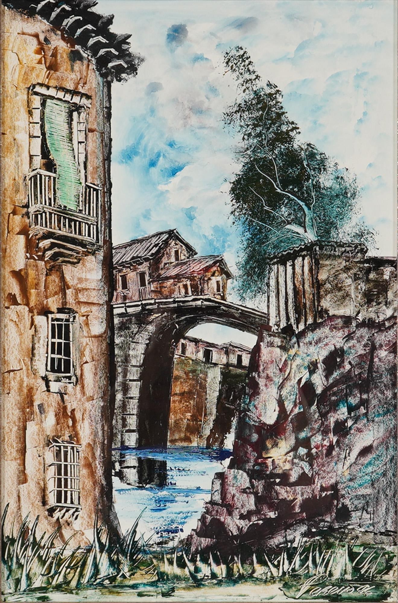 European School 20th C. Mediterranean Landscape with Stone Bridge (Signed) (1 of 4)