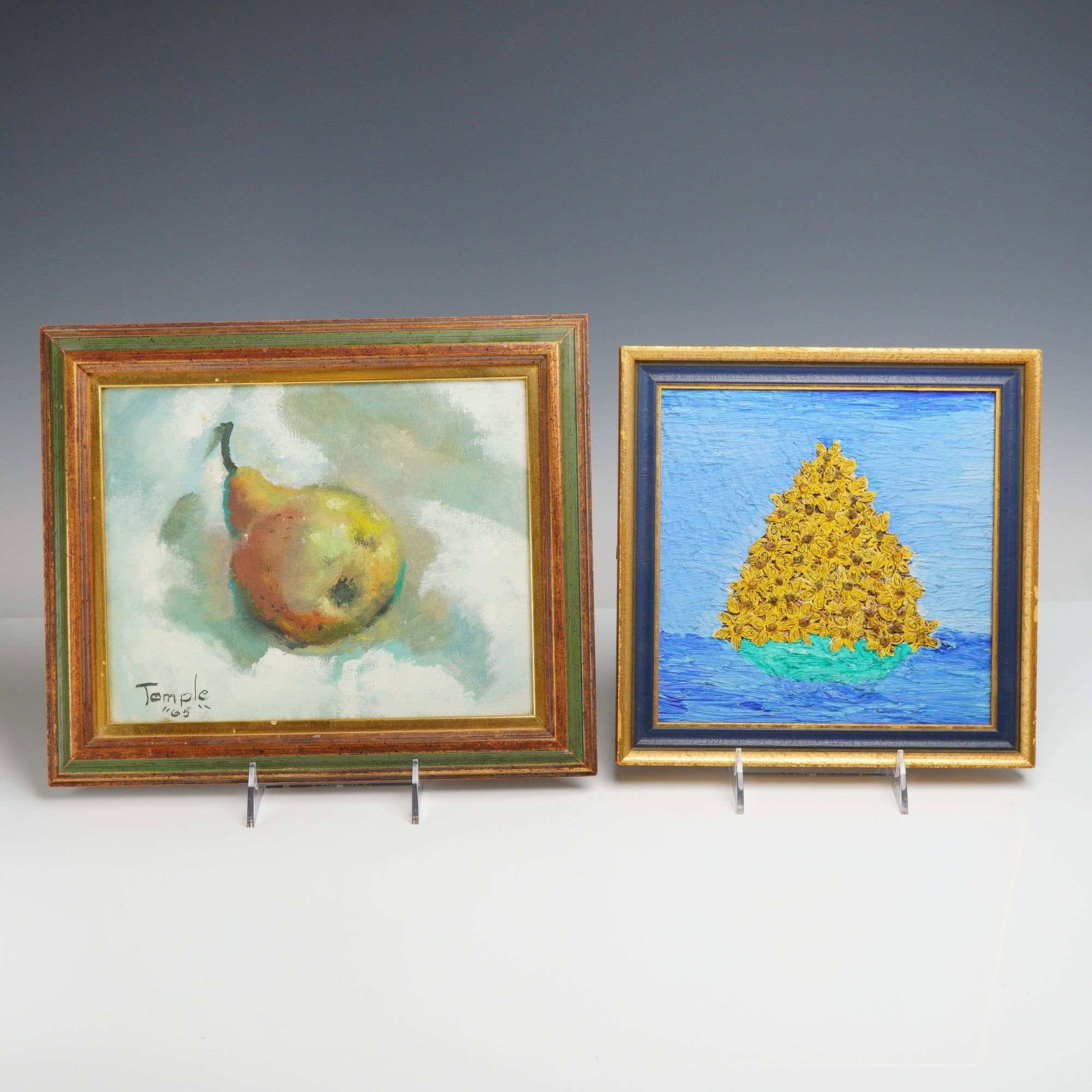 2pc Mid-Century Still Life Oil on Canvas Paintings by Tomple and Morris: This lot comprises two distinct mid-century still life works executed in oil on stretched canvas. The first painting depicts a single pear rendered in blended tones of yellow, green, and russet set ag