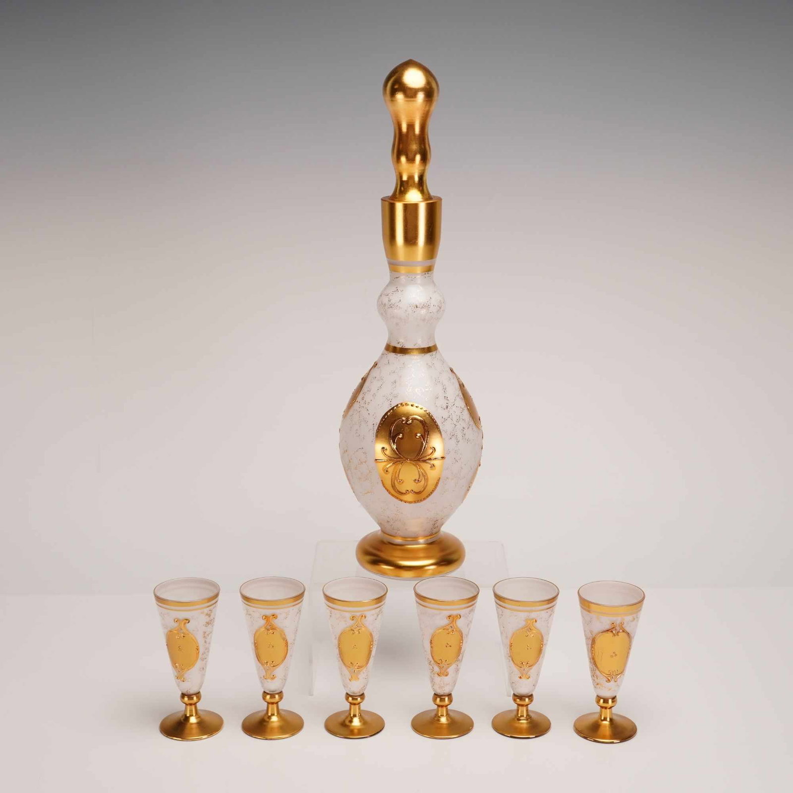 Seven-Piece Imperlux Handmade Bohemian White Opaline and Gilt Liqueur Decanter Set (1 of 4)