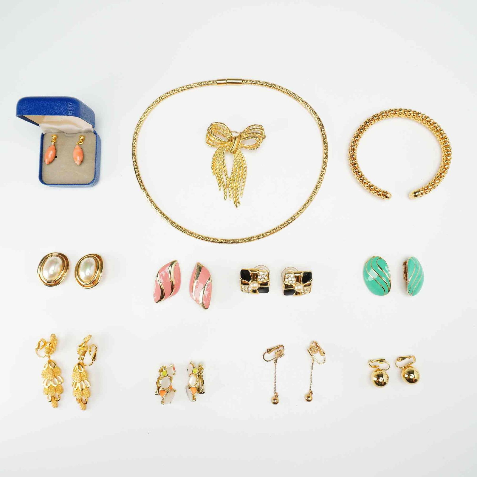Twelve Gold-Tone Costume Jewelry Including Trifari Earrings, Brooch, Bracelet, and Necklace (1 of 3)
