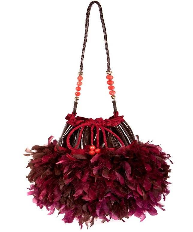 Irene Marie Angel Bag, Stephi Precious Super Leather: One-of-a-kind, unique creation, wine Chandelle Feathers and brown patent leather. Angel of the Grapes on a Vine - I am the Angel of the Grapes on a Vine. As you hold my Angel Bag I cluster like