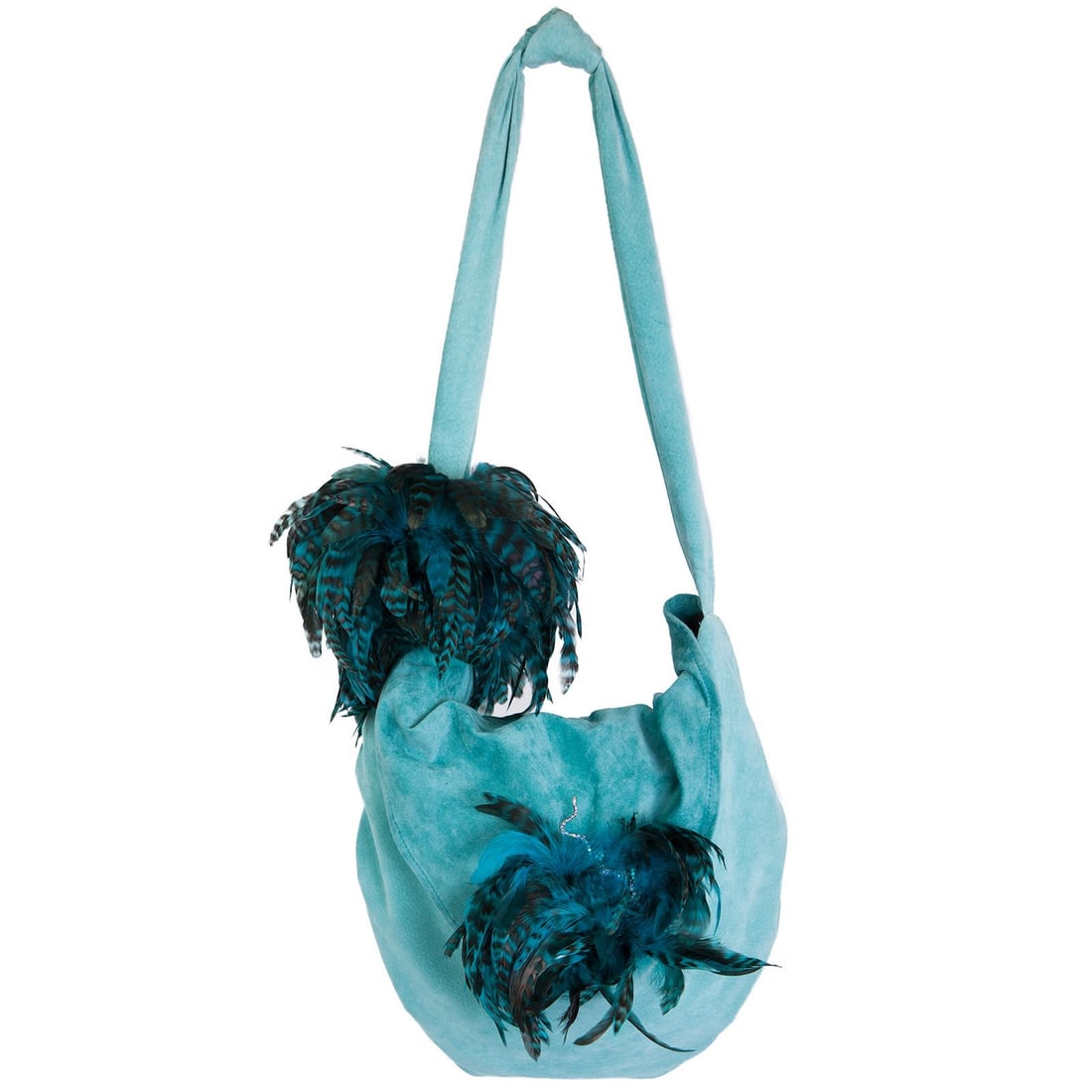 Irene Marie Angel Bag, Toni Precious Grande Leather: One-of-a-kind, unique creation, couture turquoise suede precious handbag with turquoise and black stripe coque feathers. Lining Turquoise. Details Snake pave rhinestone accent piece. Size The Grande