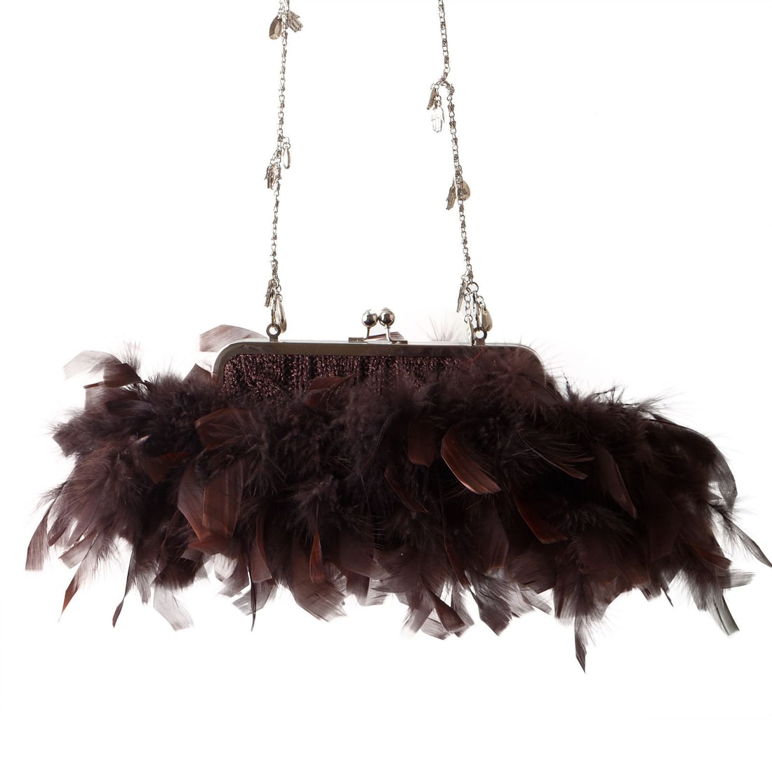 Irene Marie Angel Bag, Jenn Fashion Petite Evening: One-of-a-kind, unique creation, a couture brown lurex cable knit Fashion evening bag with brown Chandelle feathers. Lined in brown satin rayon. Silver-tone metal shoulder chain link strap.