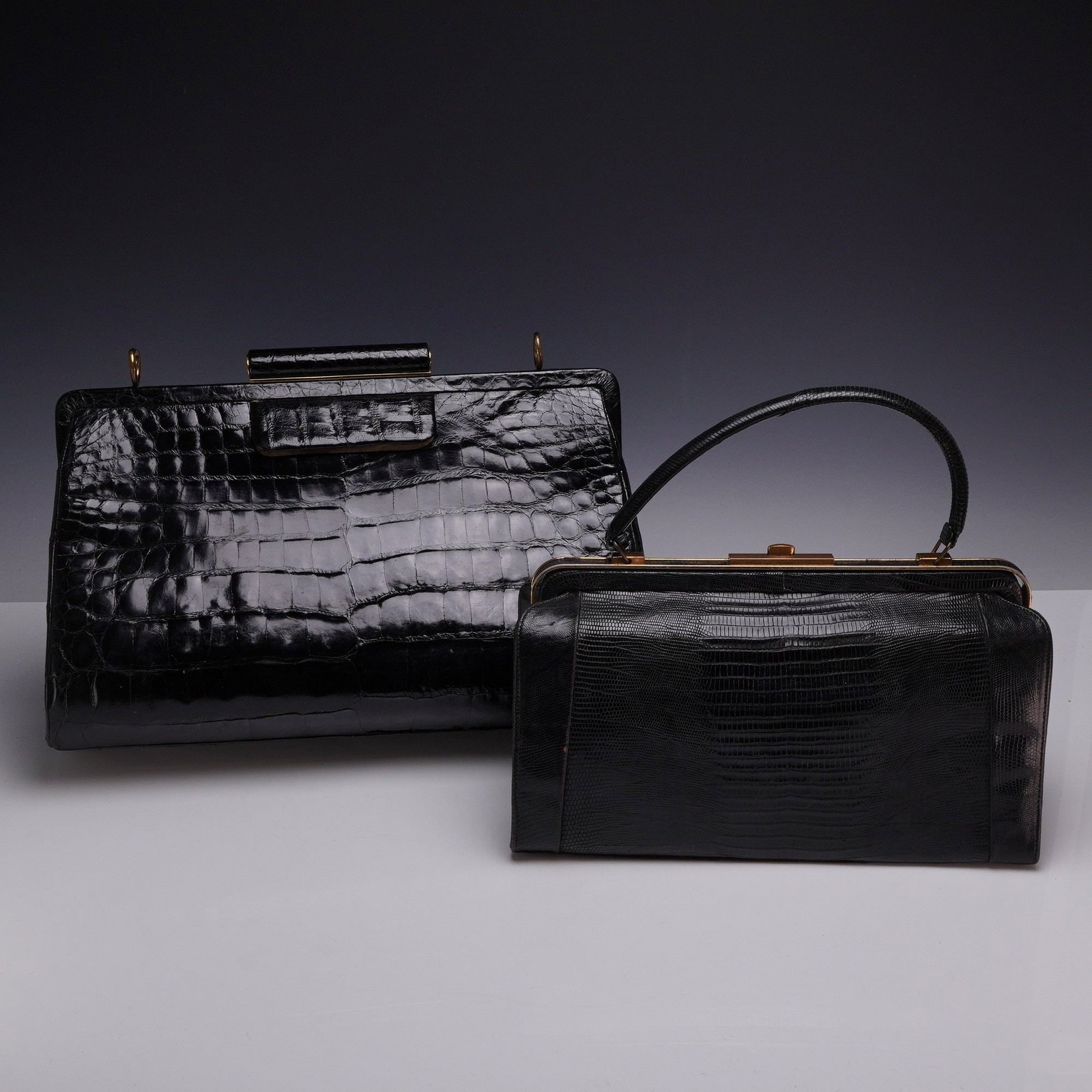 Two Mid-Century Black Exotic Skin Handbags Including Deitsch Alligator Frame Bag (1 of 5)