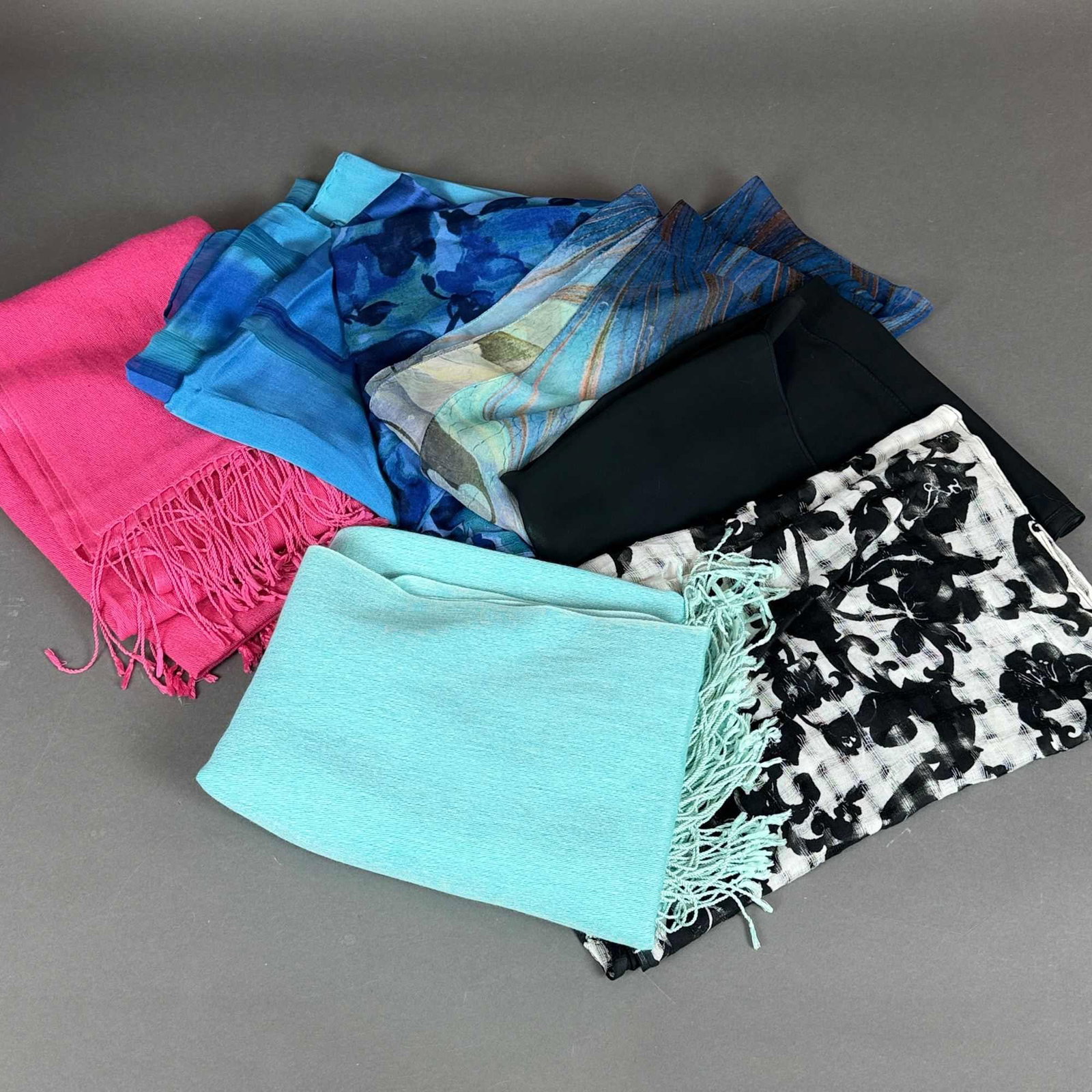 Collection of 7pc Multicolor Scarves and Pashmina Style Wraps including Fran?ois Fleurat (1 of 5)