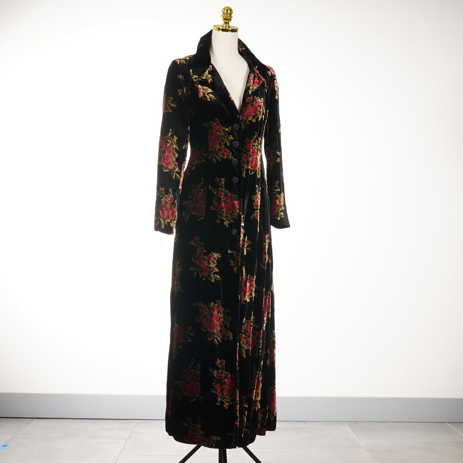 Betsey Johnson Evening Floral Velvet Long Duster Coat, Size S (1 of 4)