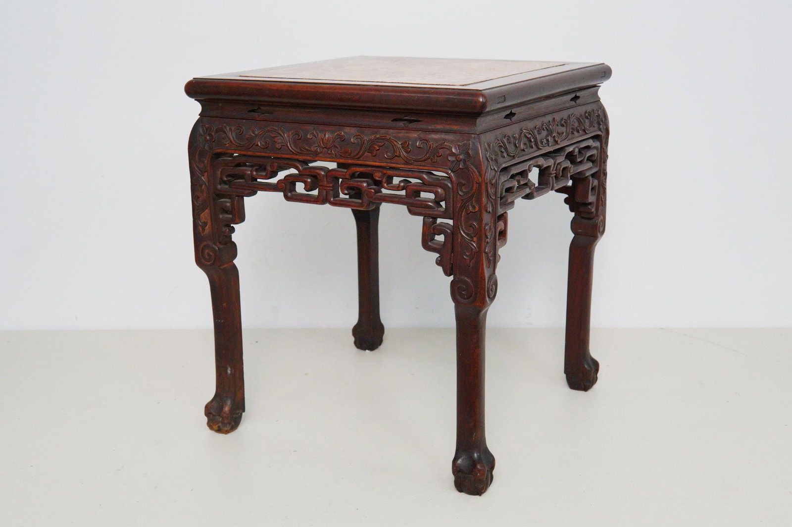 Chinese Carved Wood Stone Top Side Table (1 of 5)