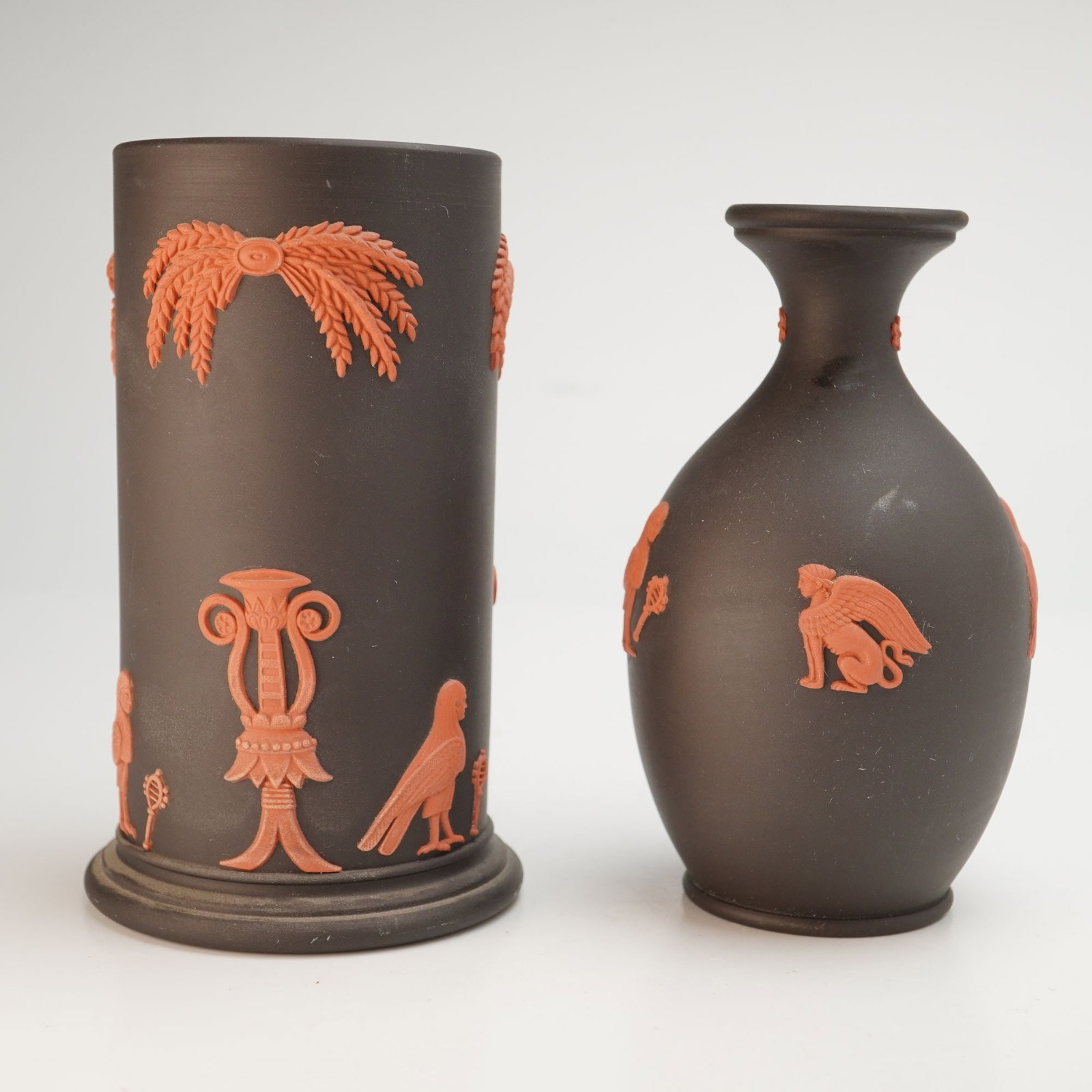 2pc Wedgwood Black Basalt and Terracotta Jasperware Egyptian Vases (1 of 4)