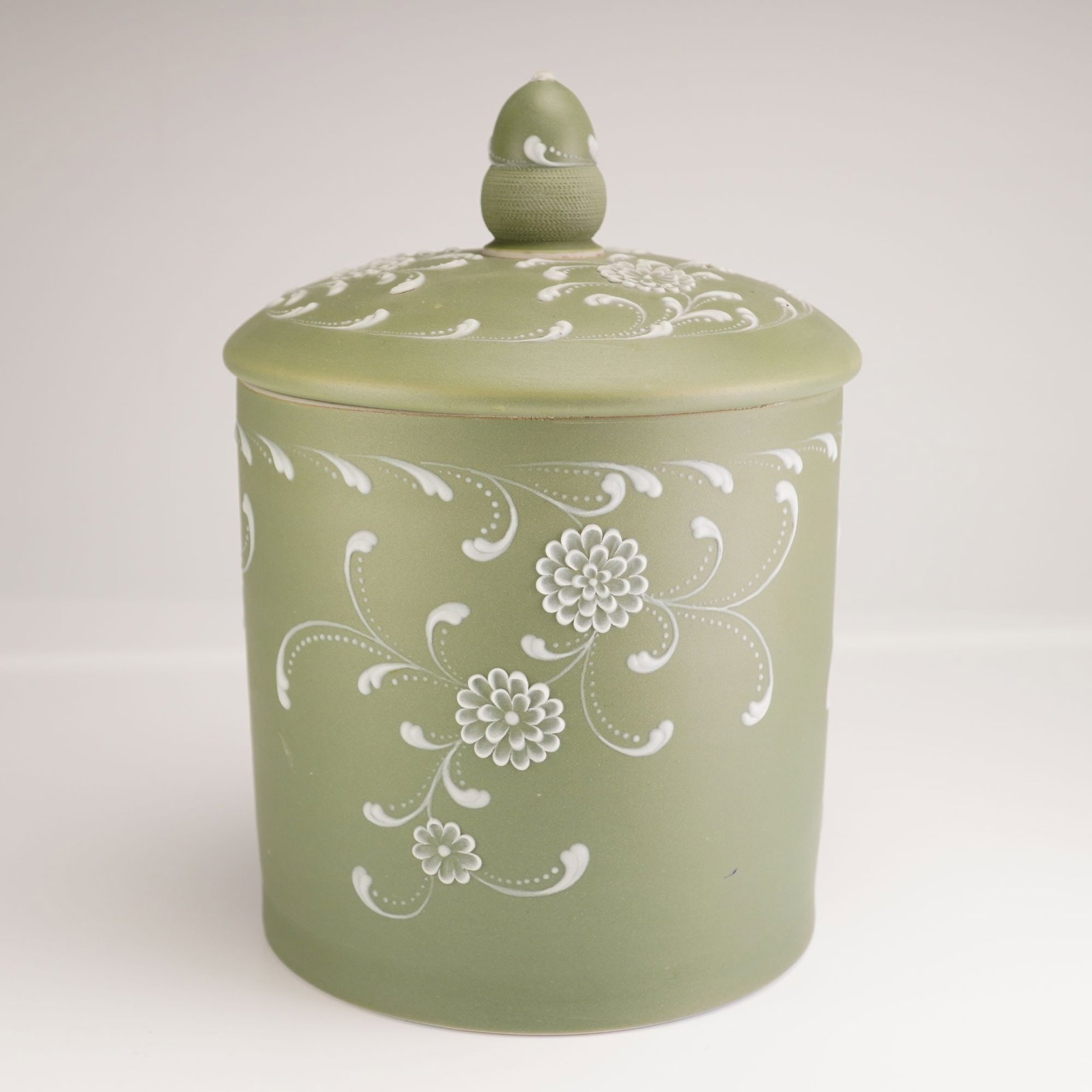 Wedgwood by Harry Barnard Sage Green Jasperware Lidded Biscuit Jar (1 of 4)