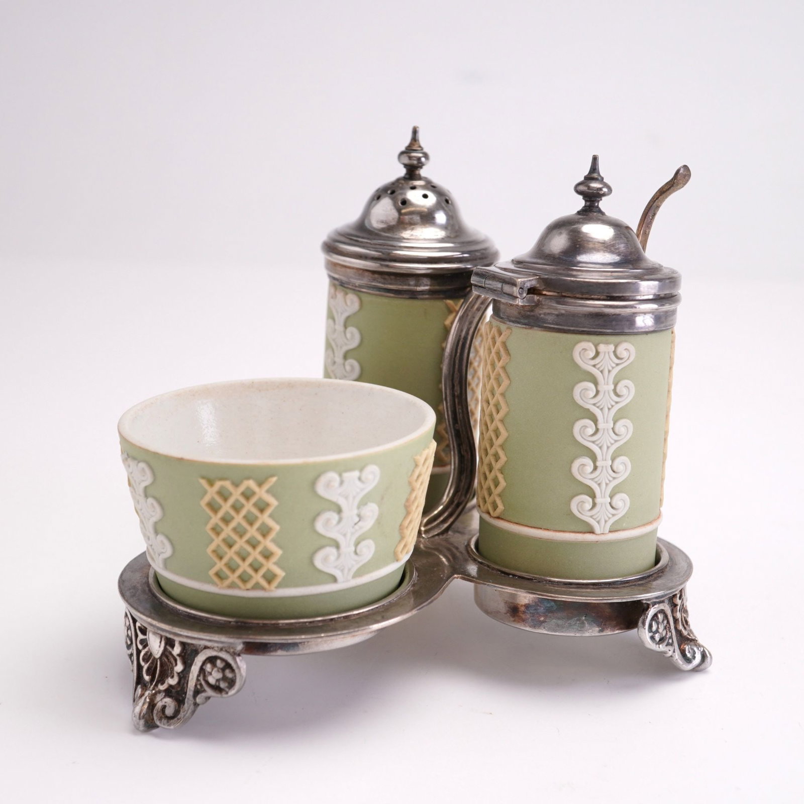 4pc Wedgwood Sage Green Jasperware and Silver Plated Condiment Set (1 of 5)
