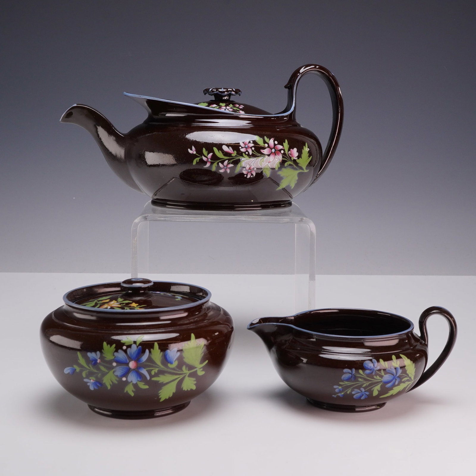 Wedgwood Brown Glaze Floral Pattern Tea Set -Teapot with Lid, Creamer, and Lidded Sugar Bowl (1 of 3)