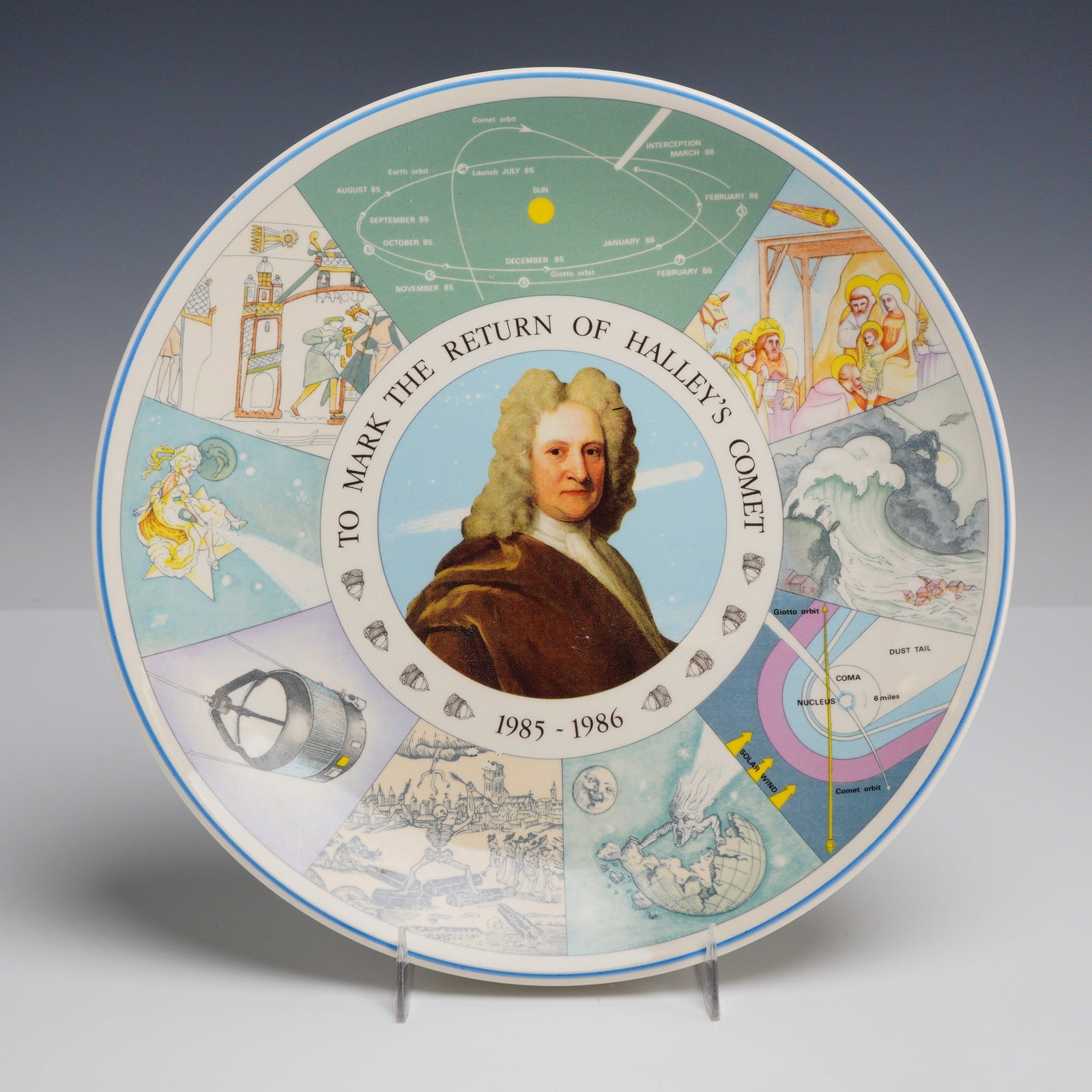 Wedgwood Halley's Comet Commemorative Cabinet Plate: A circular Wedgwood commemorative cabinet plate manufactured in England to mark the 1986 return of Halley's Comet. The face features a central polychrome transfer-printed portrait of Dr. Edmond Halley