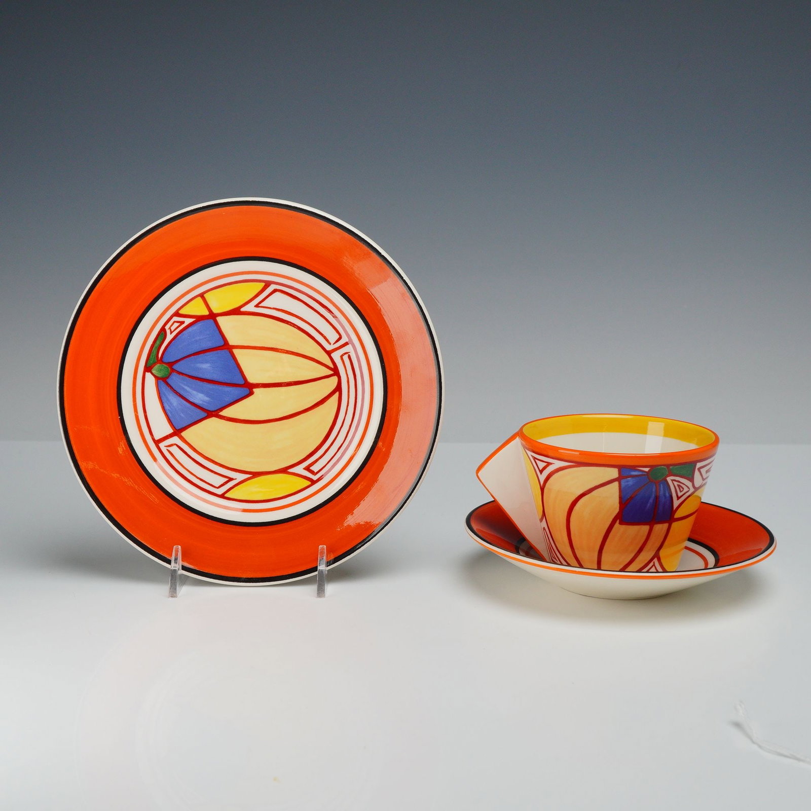 3pc Wedgwood Bizarre by Clarice Cliff Melon Pattern Teacup Saucer and Plate Set (1 of 3)