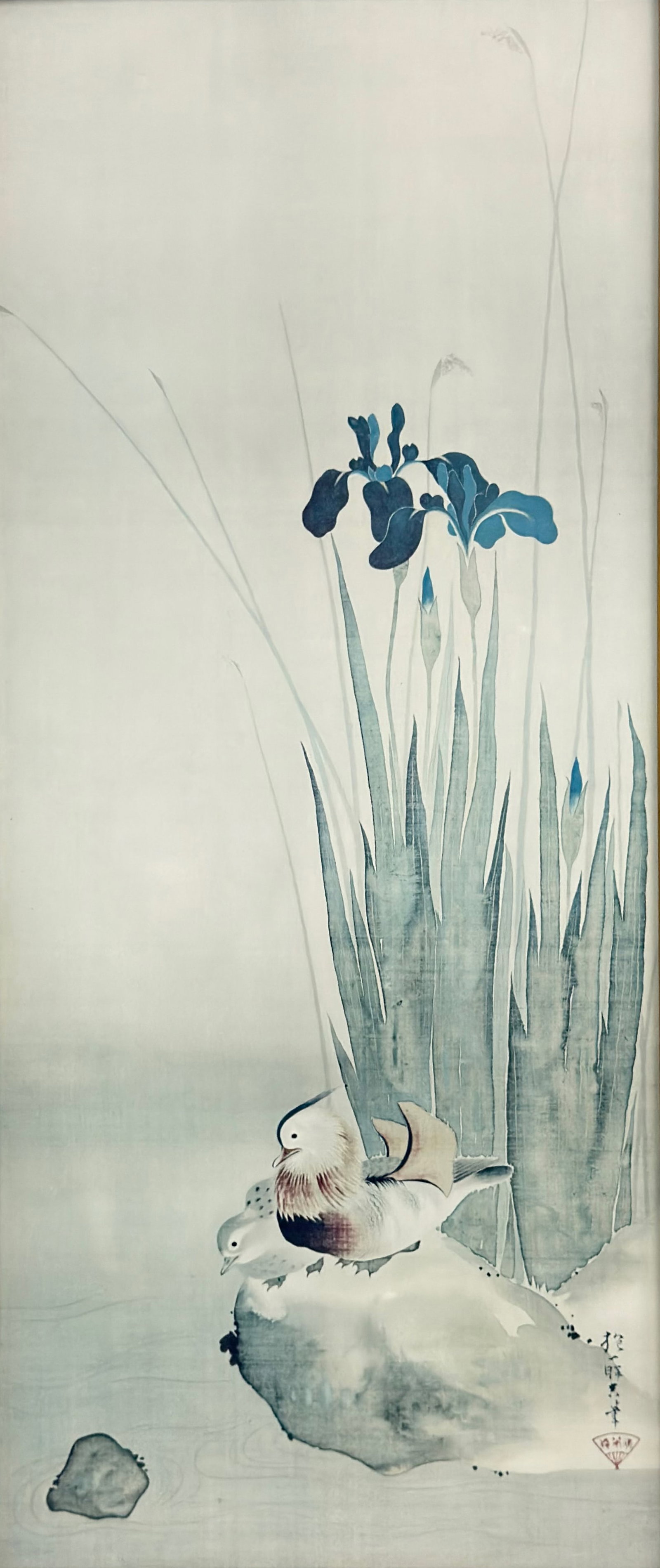 After Sakai Hoitsu (Japanese, 1761-1829) Print on Paper, Iris and Mandarin Ducks: This framed print on paper is after the original painting by Sakai Hoitsu (Japanese, 1761-1829) titled Iris and Mandarin Ducks. The work is rendered in the Rinpa school style, depicting a pair of