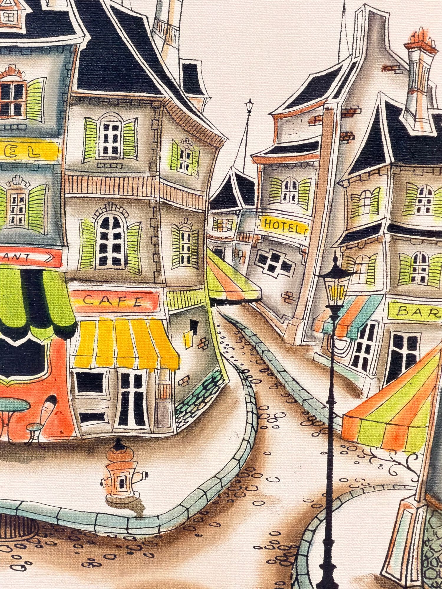Robert Scott (20th Century) Oil on Canvas Street Scene: An original mid-century decorative painting by Robert Scott depicting a whimsical, stylized European street scene. The composition illustrates a charming cityscape featuring cafes, hotels, and bars,