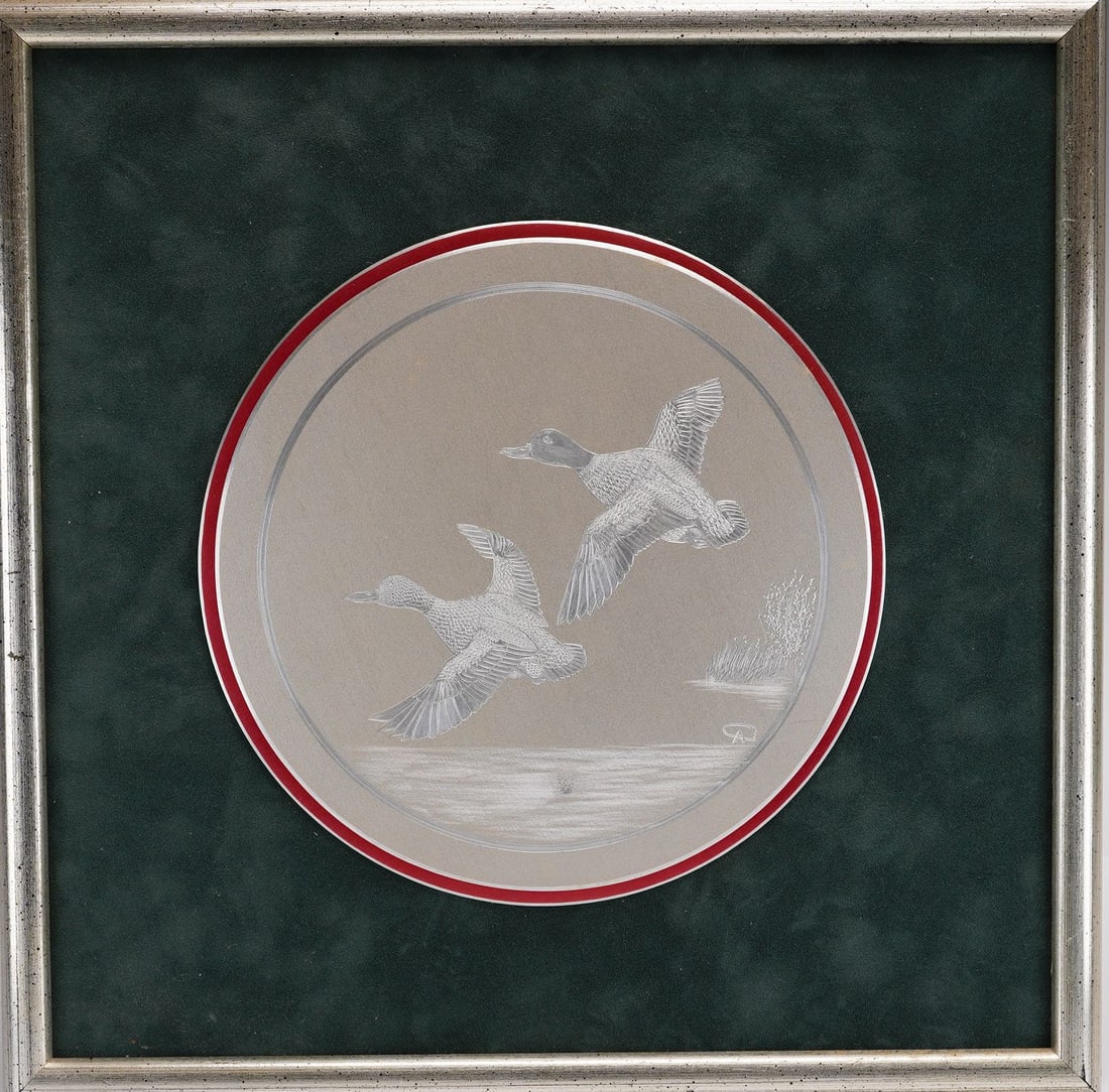 Bernhard Rohne Metal Etching Decorative Plate Featuring a Duck Illustration: This framed artwork features a circular metal etching by Bernhard Rohne, produced in Germany in 1994. The central image is rendered on a matte-finished metallic plate, likely a pewter alloy, and