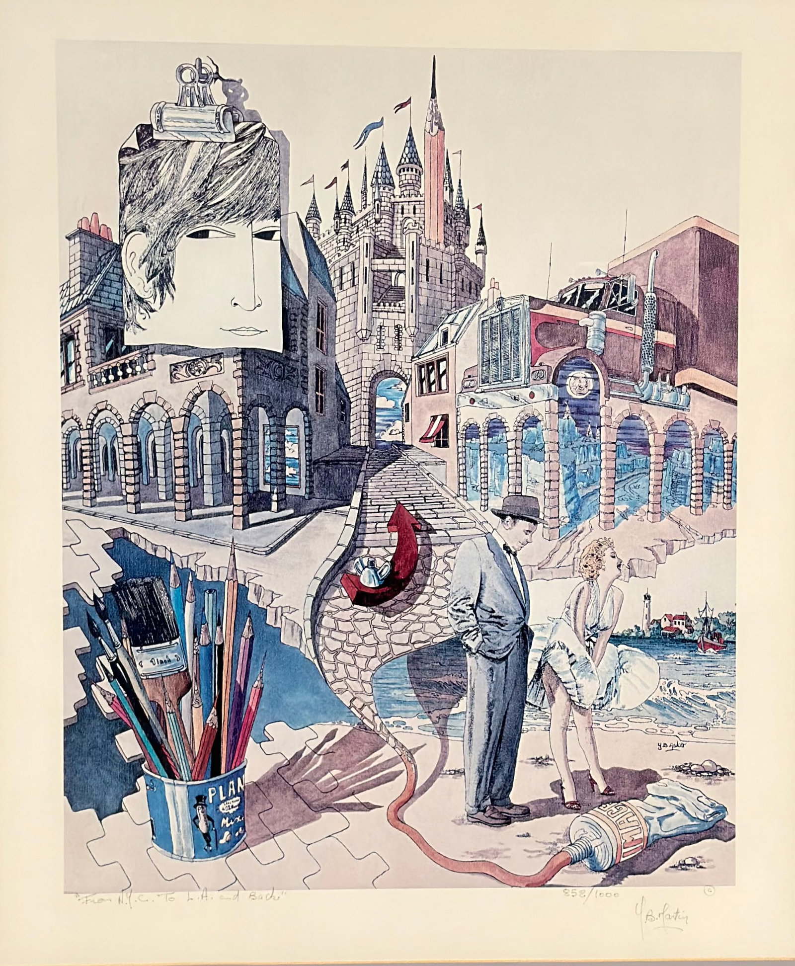 Yves B. Martin (French/American, b. 1949), From N.Y.C. To L.A. and Back, Limited Edition Lithograph: This limited edition lithograph on paper is by the French-American artist Yves B. Martin (born 1949). The work is titled From N.Y.C. To L.A. and Back and features a surrealist collage composition.