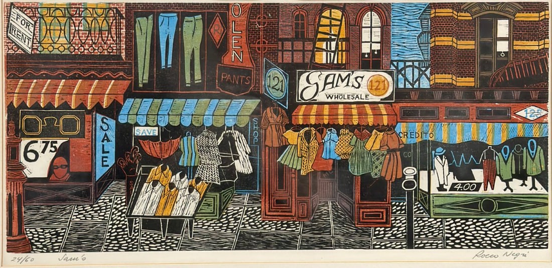 Rocco Negri (American, b. 1930) Sam's Orchard Street Woodcut Print: This woodcut on paper by Rocco Negri (American, b. 1930) depicts a bustling urban street scene of Orchard Street in the Lower East Side of New York City. The composition features a central storefront