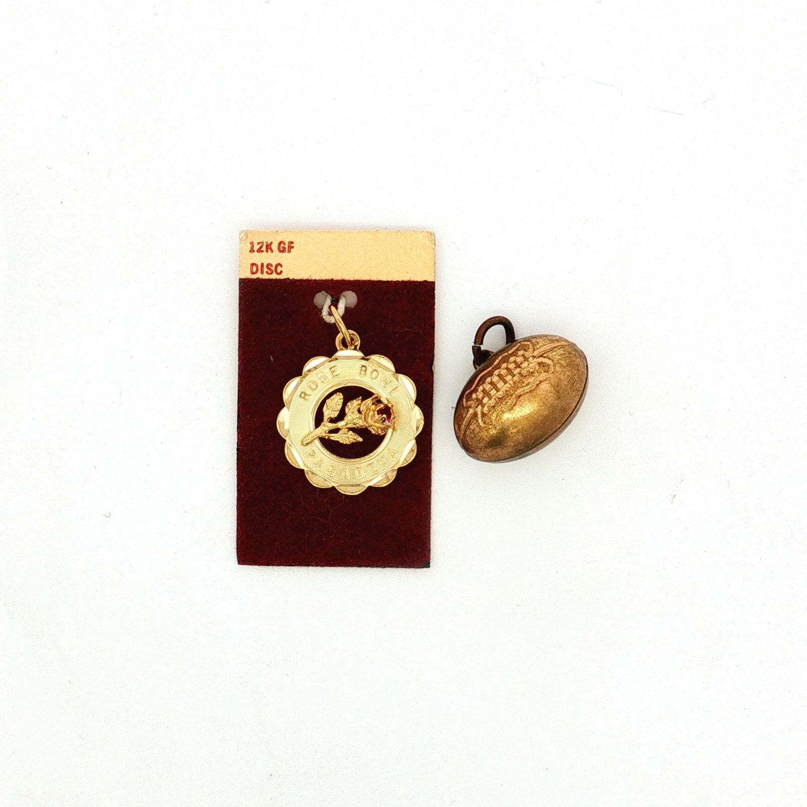 2pc Gold-Filled and Gold-Tone Rose Bowl and Football Charms: This group of football-themed charms includes a 12k gold-filled charm for the Rose Bowl, as well as a football. Dimensions: 1"L x 0.75"H Weight: 5.1 g
