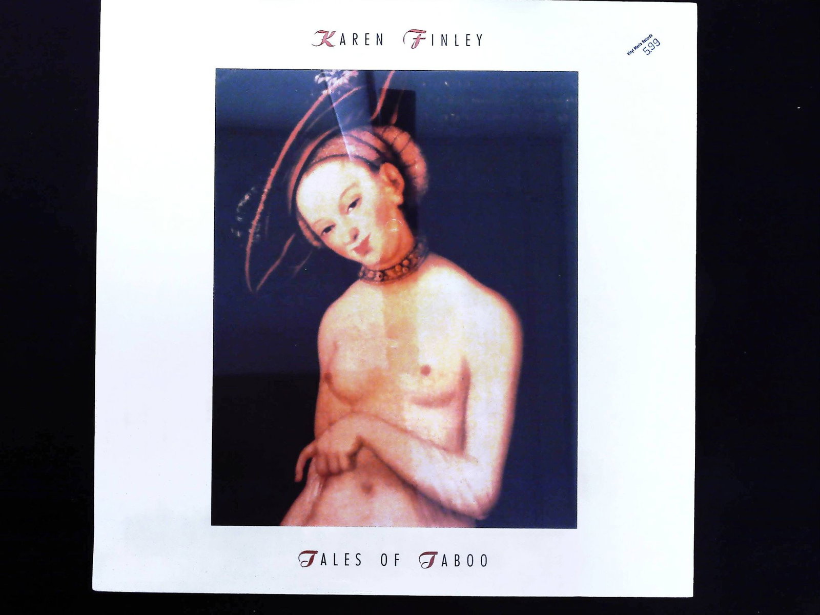 Karen Finley Tales of Taboo 12-inch Single Record Sleeve: A single printed cardstock sleeve for the 12-inch vinyl single by performance artist Karen Finley, titled Tales of Taboo. The front features a central image depicting a pale, partially nude female fig
