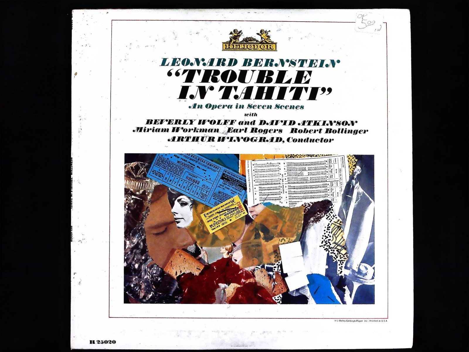 Leonard Bernstein Trouble in Tahiti Heliodor Vinyl LP: A single monaural long-playing (LP) vinyl record in its original album cover, featuring Leonard Bernstein's "Trouble In Tahiti" An Opera In Seven Scenes. The recording features soloists Beverly Wolff,